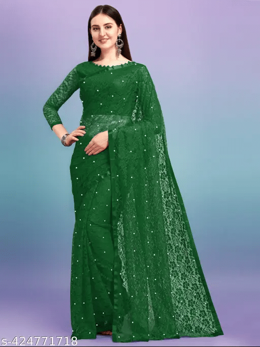 Nilkanthvarni Creation Net Self Design Saree With Stitched Blouse ( Green ) Nilkanthvarni Creation Net Self Design Saree With Stitched Blouse ( Green )