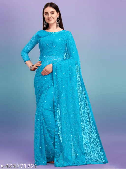 Nilkanthvarni Creation Net Self Design Saree With Stitched Blouse ( Sky Blue ) Nilkanthvarni Creation Net Self Design Saree With Stitched Blouse ( Sky Blue )