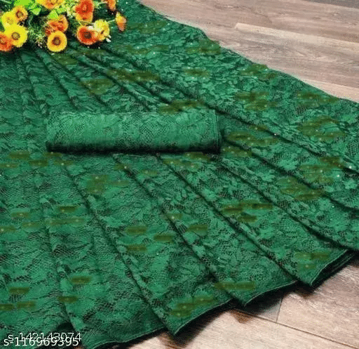 Nilkanthvarni Creation Net Self Design Saree With Stitched Blouse ( Green ) Nilkanthvarni Creation Net Self Design Saree With Stitched Blouse ( Green )