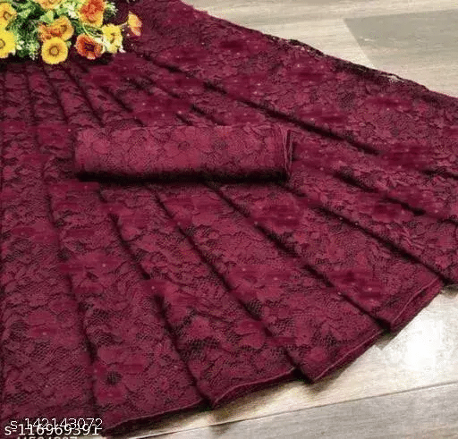 Nilkanthvarni Creation Net Self Design Saree With Stitched Blouse ( Maroon ) Nilkanthvarni Creation Net Self Design Saree With Stitched Blouse ( Maroon )