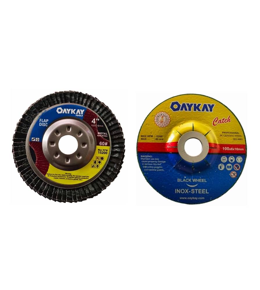     			OAYKAY TOOLS 4X60 GRIT FLAP DISC MET@L B@CKING HEAVY DUTY  1(PCS) & INOX STEEL CATCH PROFESSIONAL DC GRINDING WHEEL 100X6X16MM GREEN 1(PCS) PACK OF 2
