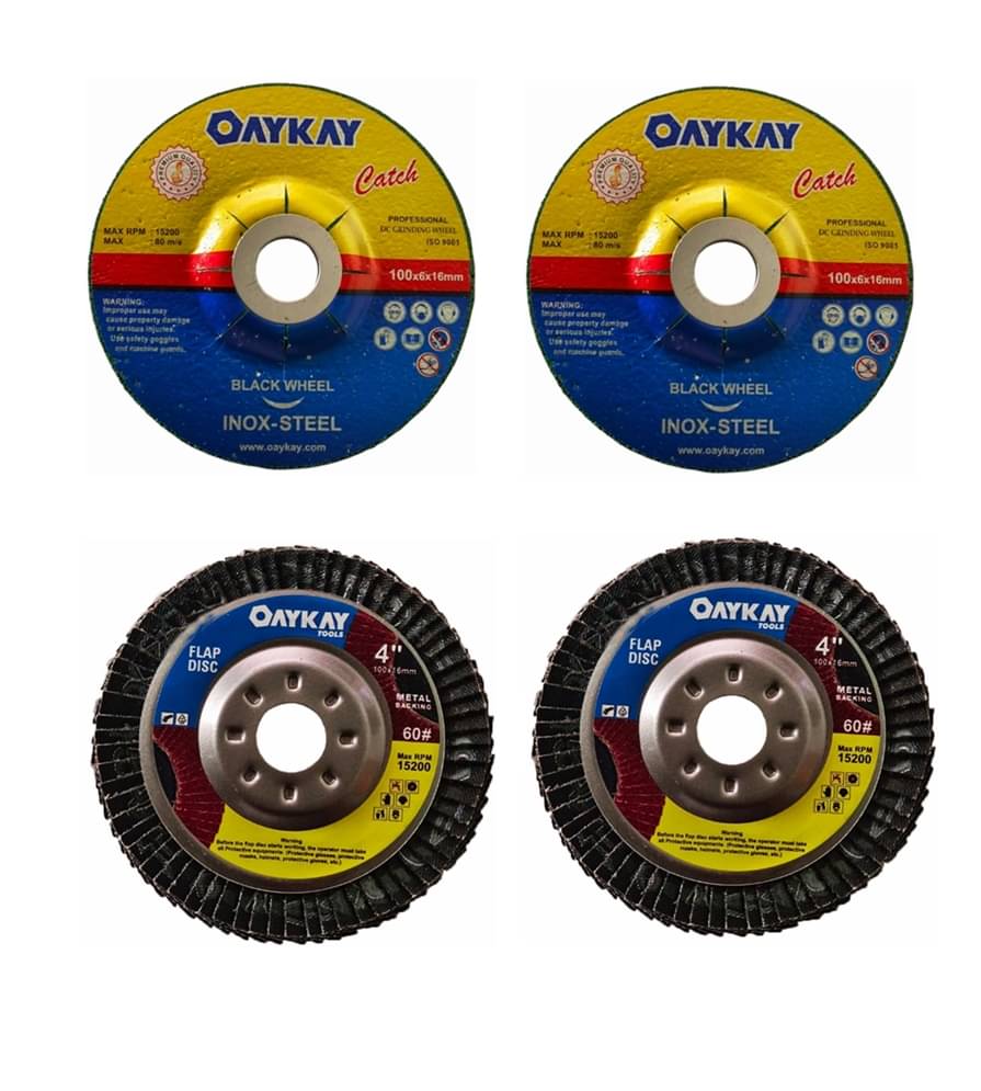 OAYKAY TOOLS 4X60 GRIT FLAP DISC MET@L B@CKING HEAVY DUTY 2(PCS) & INOX STEEL CATCH PROFESSIONAL DC GRINDING WHEEL 100X6X16MM GREEN 2(PCS) OAYKAY TOOLS 4X60 GRIT FLAP DISC MET@L B@CKING HEAVY DUTY 2(PCS) & INOX STEEL CATCH PROFESSIONAL DC GRINDING WHEEL 100X6X16MM GREEN 2(PCS)