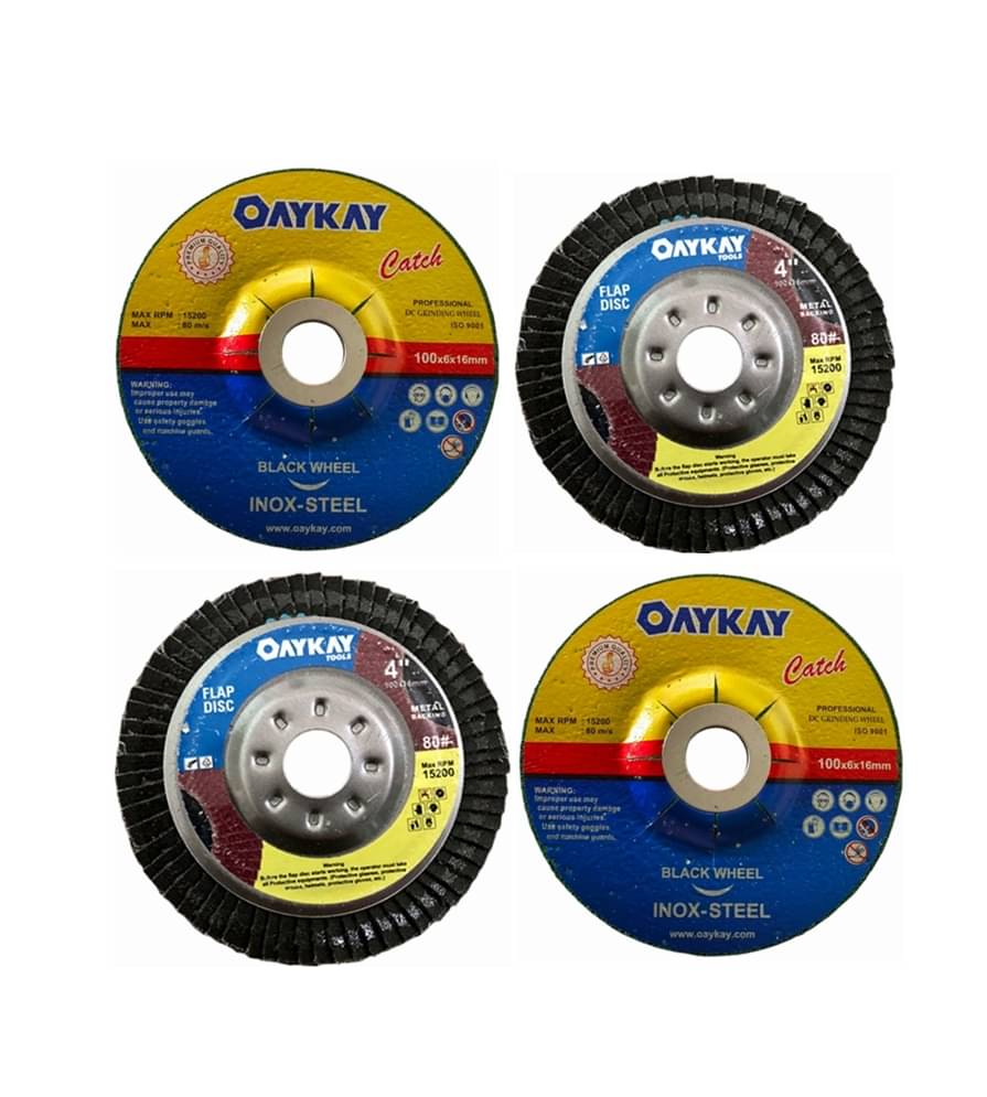 OAYKAY TOOLS 4X80 GRIT FLAP DISC MET@L B@CKING HEAVY DUTY 2(PCS) & INOX STEEL CATCH PROFESSIONAL DC GRINDING WHEEL 100X6X16MM GREEN 2(PCS) OAYKAY TOOLS 4X80 GRIT FLAP DISC MET@L B@CKING HEAVY DUTY 2(PCS) & INOX STEEL CATCH PROFESSIONAL DC GRINDING WHEEL 100X6X16MM GREEN 2(PCS)