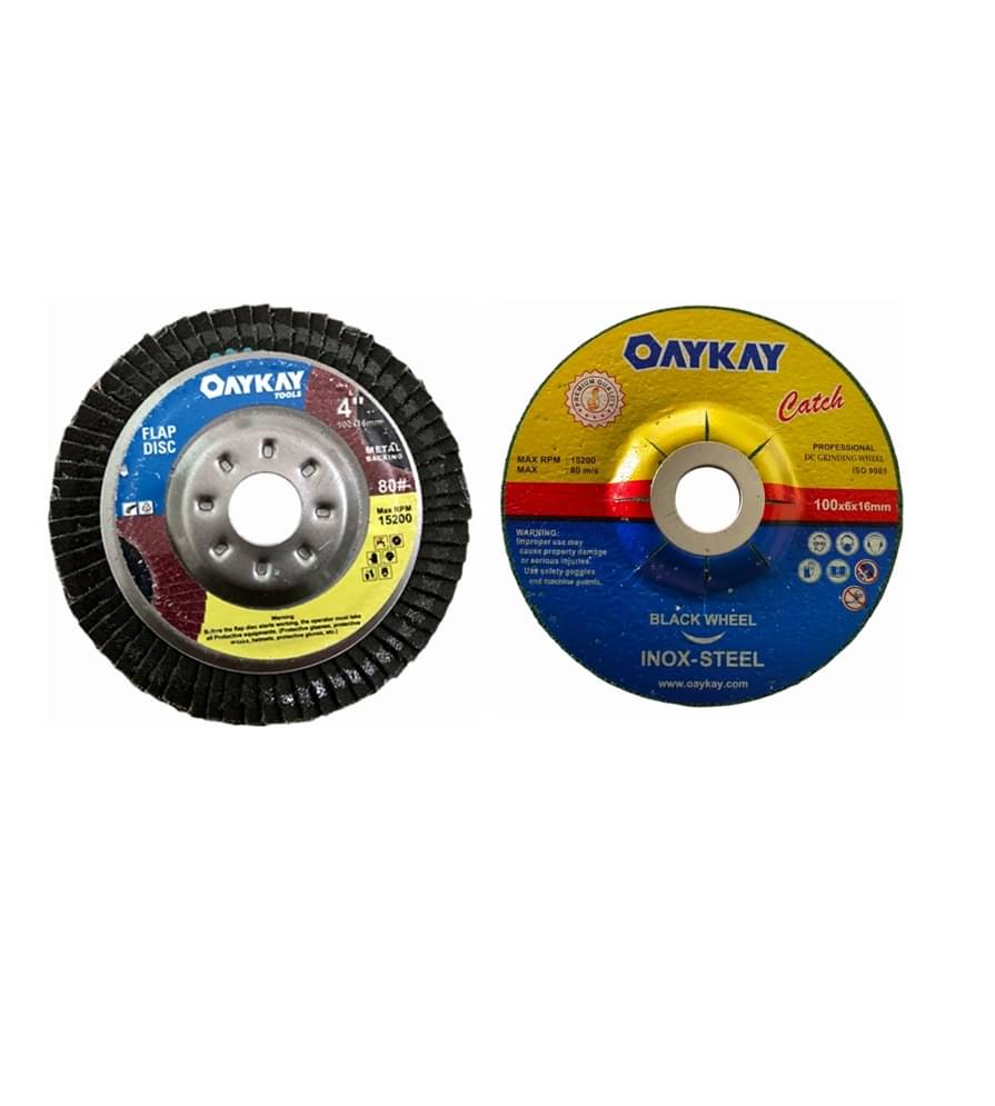 OAYKAY TOOLS 4X80 GRIT FLAP DISC MET@L B@CKING HEAVY DUTY 1(PCS) & INOX STEEL CATCH PROFESSIONAL DC GRINDING WHEEL 100X6X16MM GREEN 1(PCS) OAYKAY TOOLS 4X80 GRIT FLAP DISC MET@L B@CKING HEAVY DUTY 1(PCS) & INOX STEEL CATCH PROFESSIONAL DC GRINDING WHEEL 100X6X16MM GREEN 1(PCS)