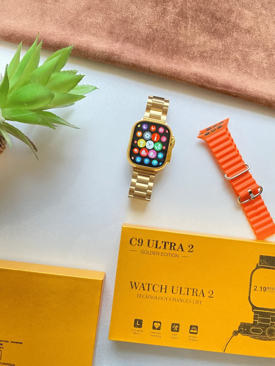 Trending Gold Bluetooth Calling Touchscreen with Fitness Health Sports Music FREE XTRA ORANGE STRAP Trending Gold Bluetooth Calling Touchscreen with Fitness Health Sports Music FREE XTRA ORANGE STRAP