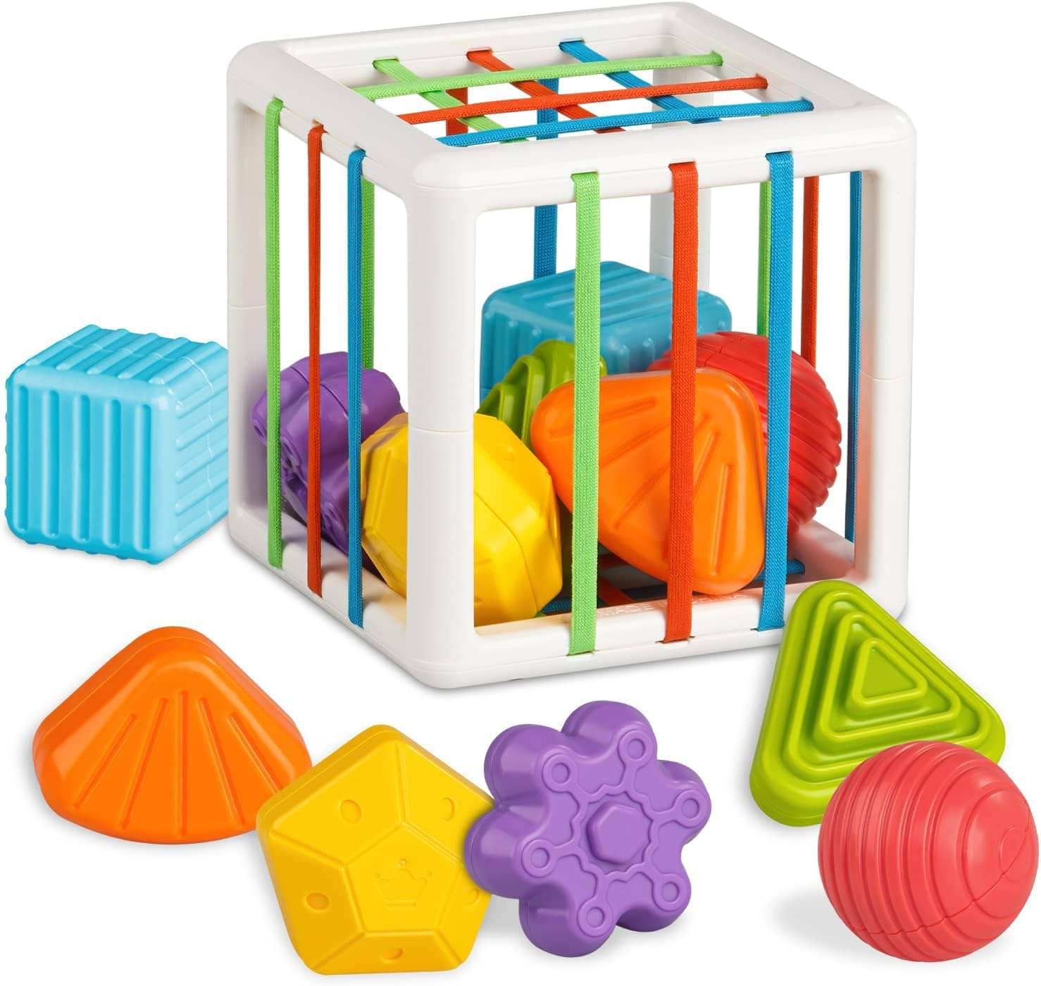     			VBE Toys for 1 Year Old, Shape Sorter Baby Toys, Developmental Learning Toys for Girls Boys Birthday Gifts, Colorful Cube and 6 Pcs Multi Sensory Shape (Small Activity Cube)
