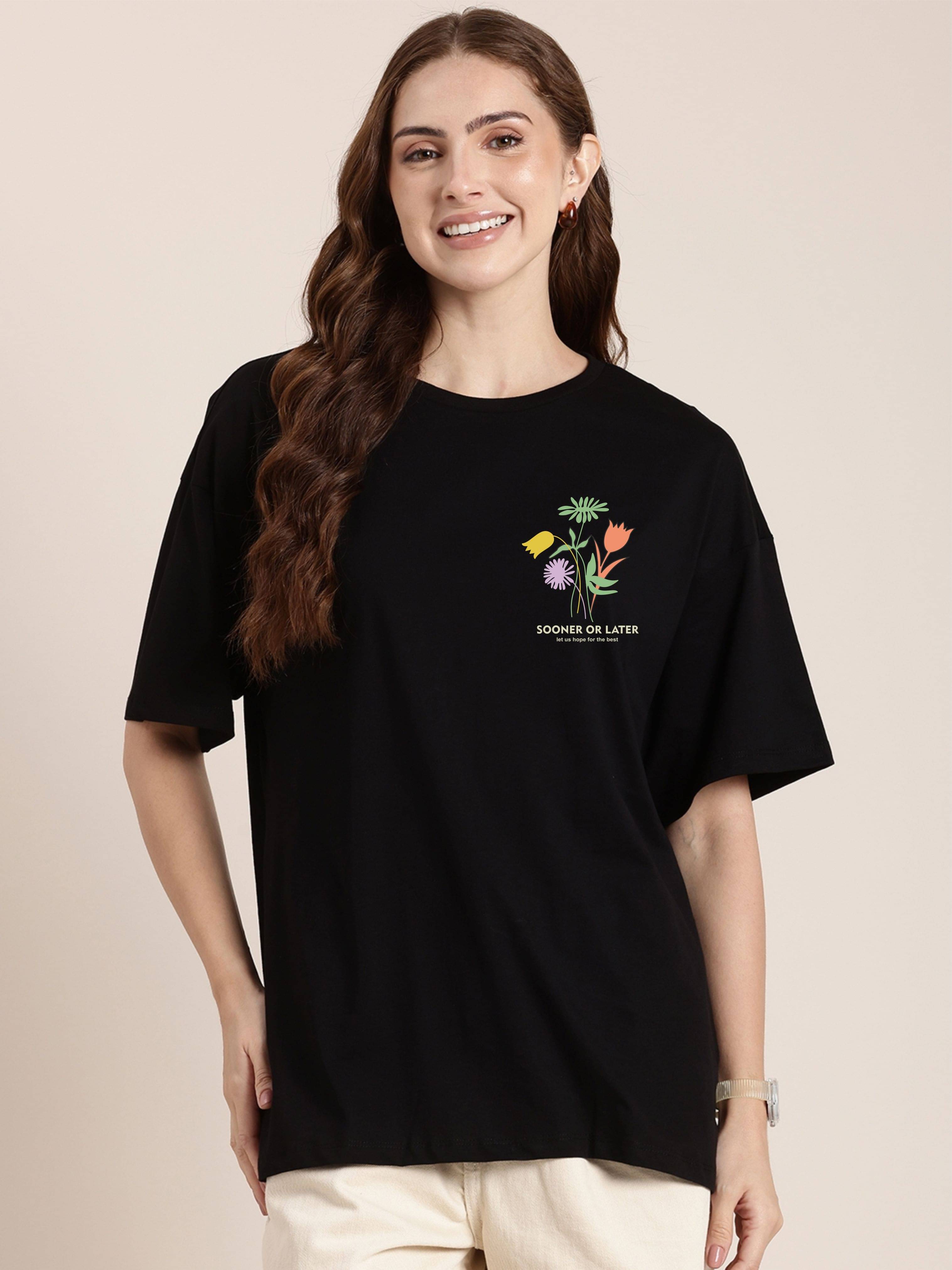 ekadravin Women Cotton Printed Oversized Fit Round Neck T-Shirt ( Black )     			ekadravin Women Cotton Printed Oversized Fit Round Neck T-Shirt ( Black )