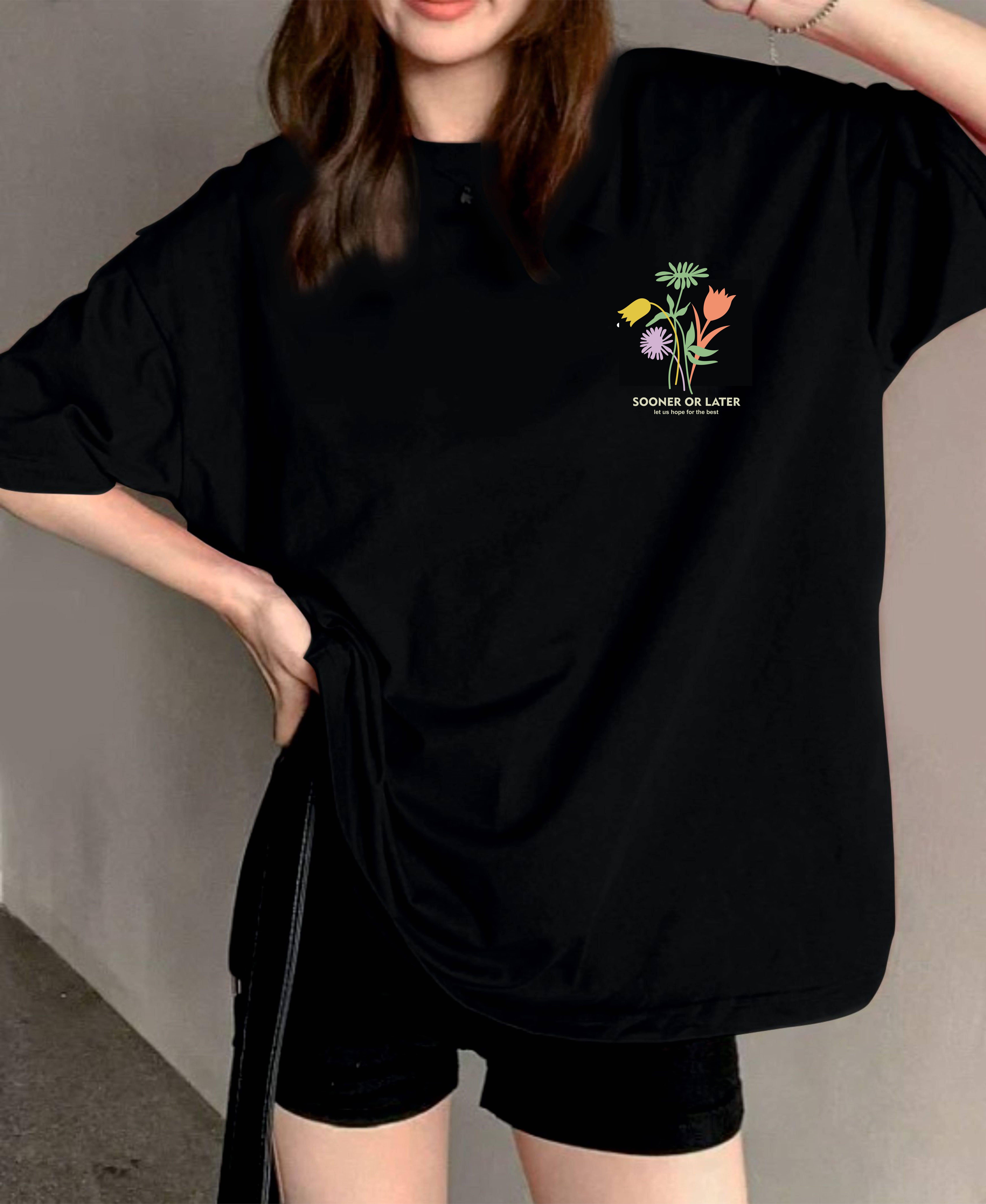 ekadravin Women Cotton Printed Oversized Fit Round Neck T-Shirt ( Black )