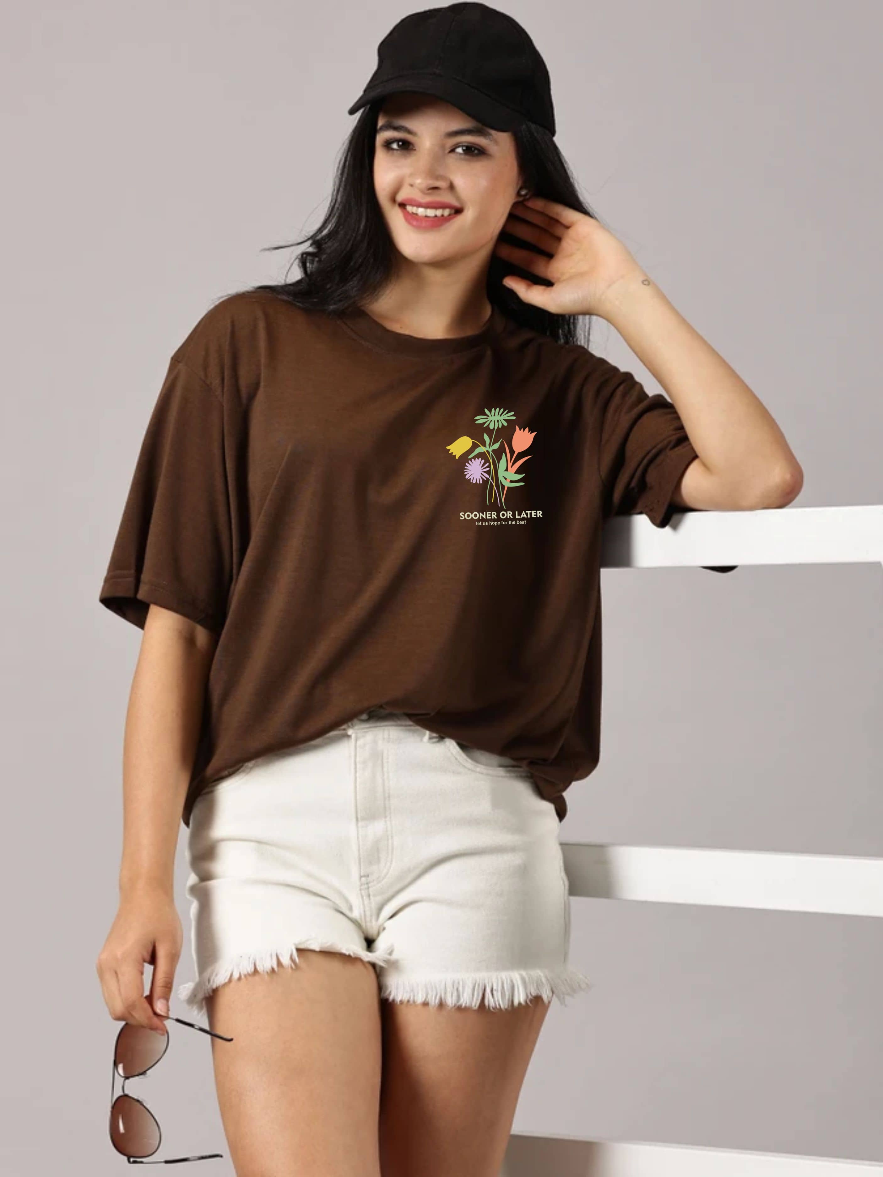 ekadravin Women Cotton Printed Oversized Fit Round Neck T-Shirt ( Brown )