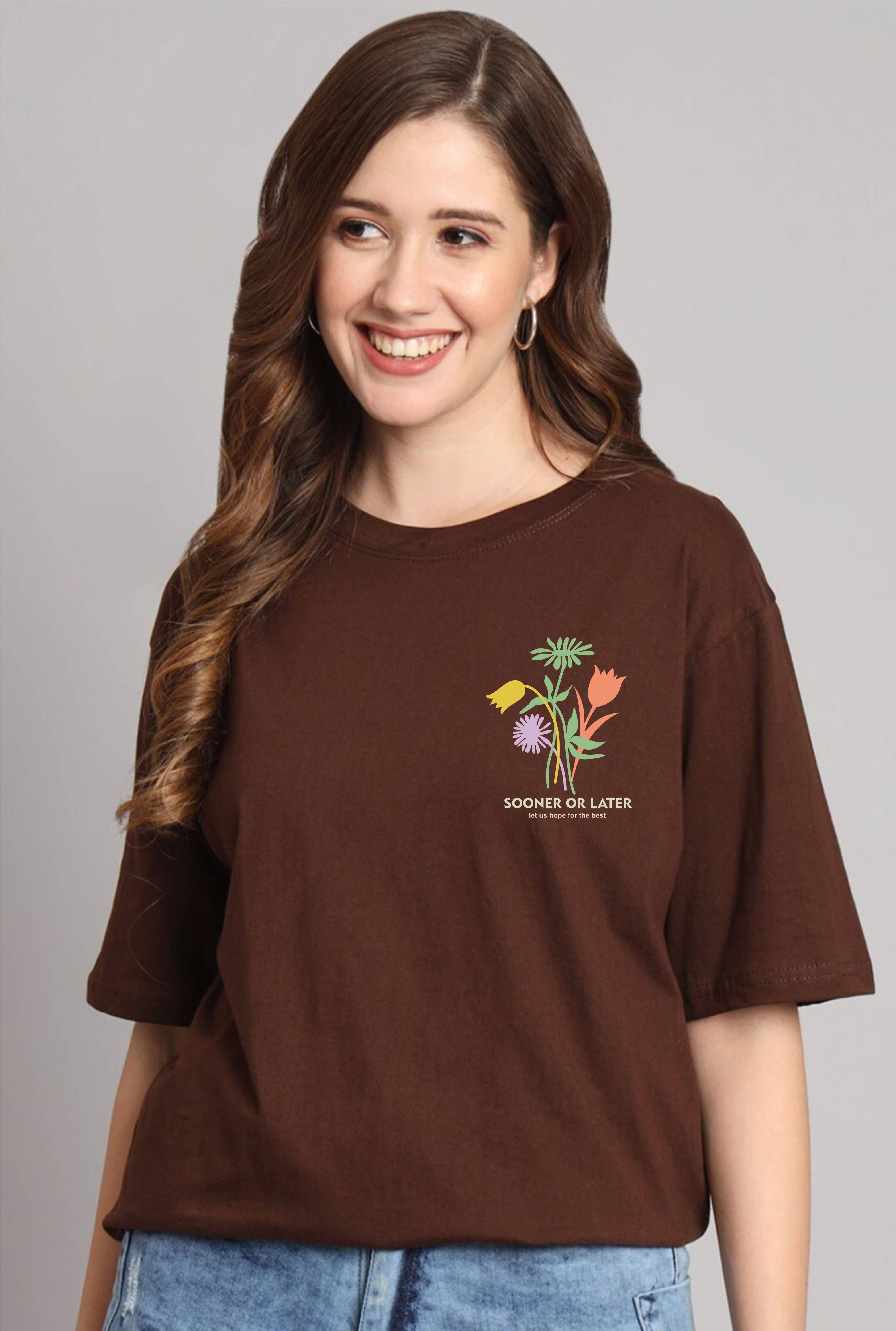 ekadravin Women Cotton Printed Oversized Fit Round Neck T-Shirt ( Brown )