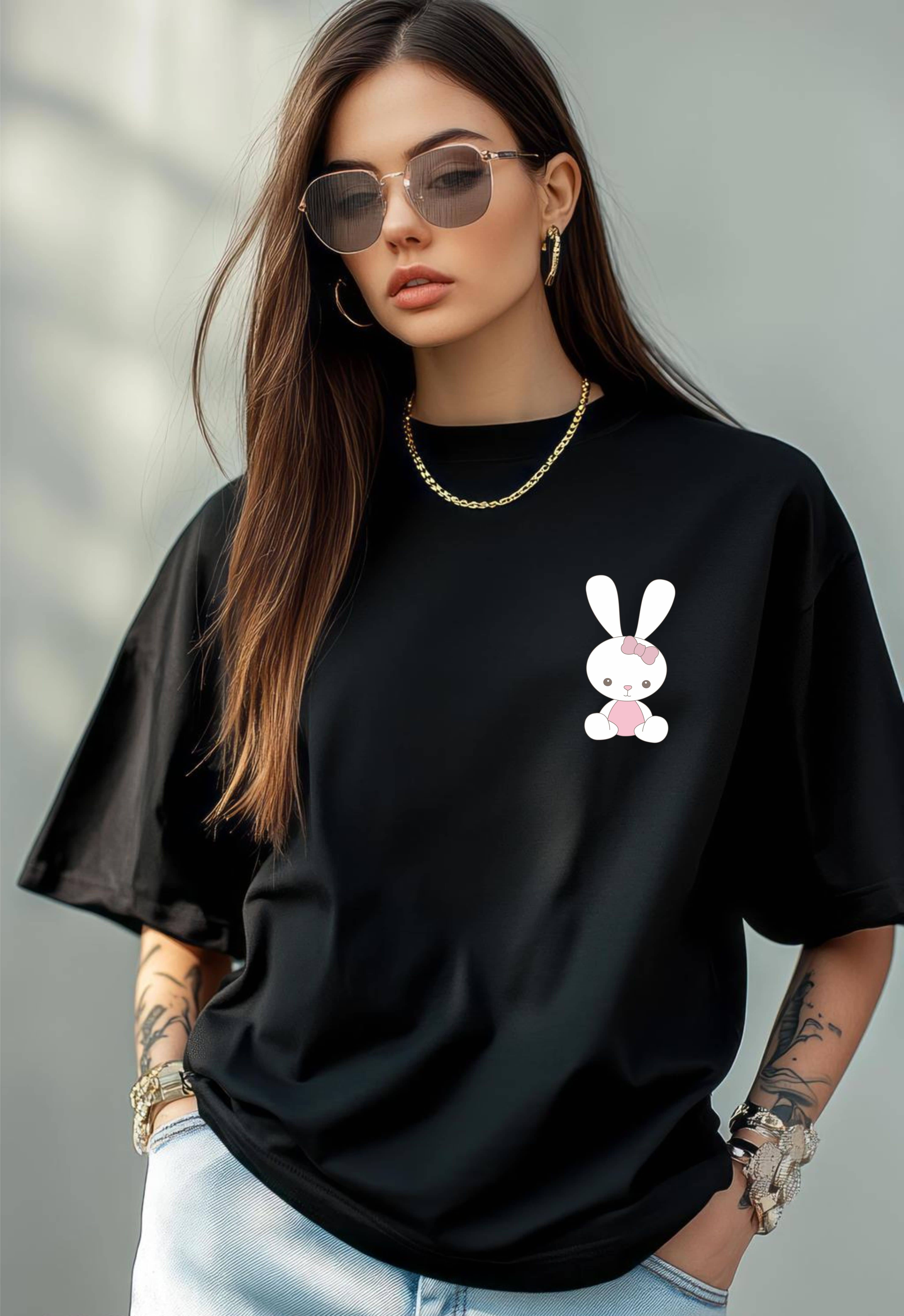 ekadravin Women Cotton Printed Oversized Fit Round Neck T-Shirt ( Black )