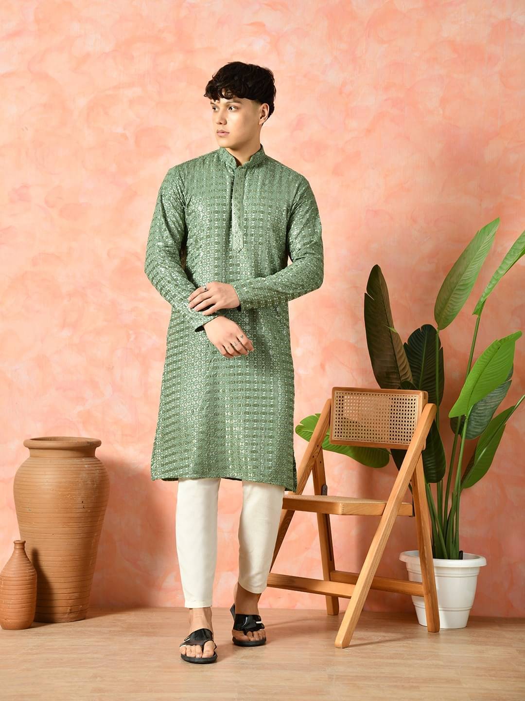    			7 GEN Green Cotton Regular Fit Men's Kurta Pyjama Set ( Pack of 1 )
