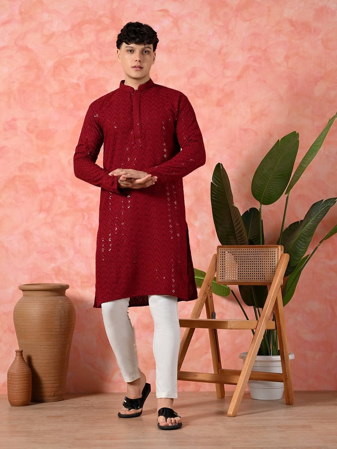 7 GEN Red Cotton Regular Fit Men's Kurta Pyjama Set ( Pack of 1 )     			7 GEN Red Cotton Regular Fit Men's Kurta Pyjama Set ( Pack of 1 )