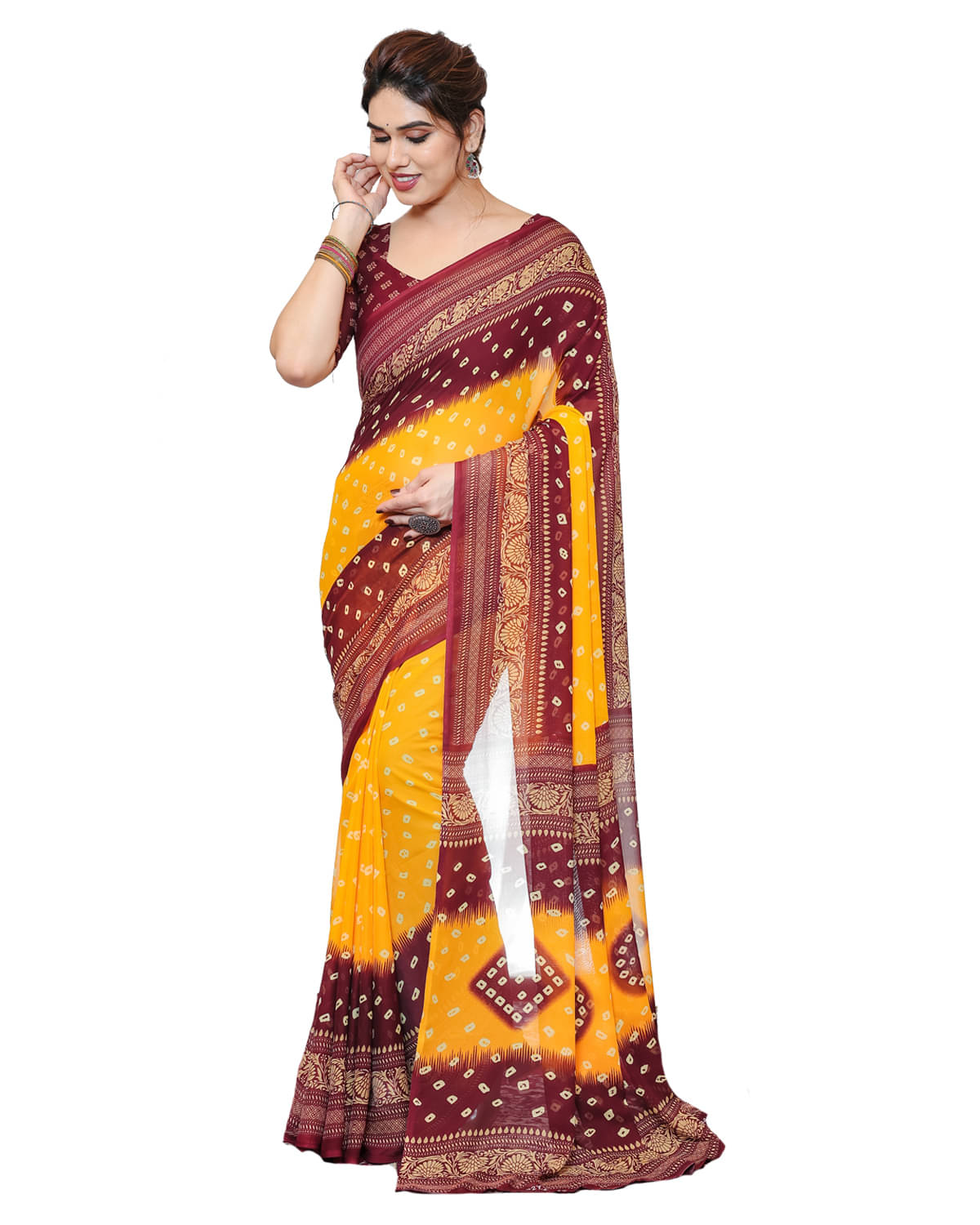    			ANAND SAREES Georgette Printed Chanderi saree With Unstitched Blouse Piece ( Yellow )