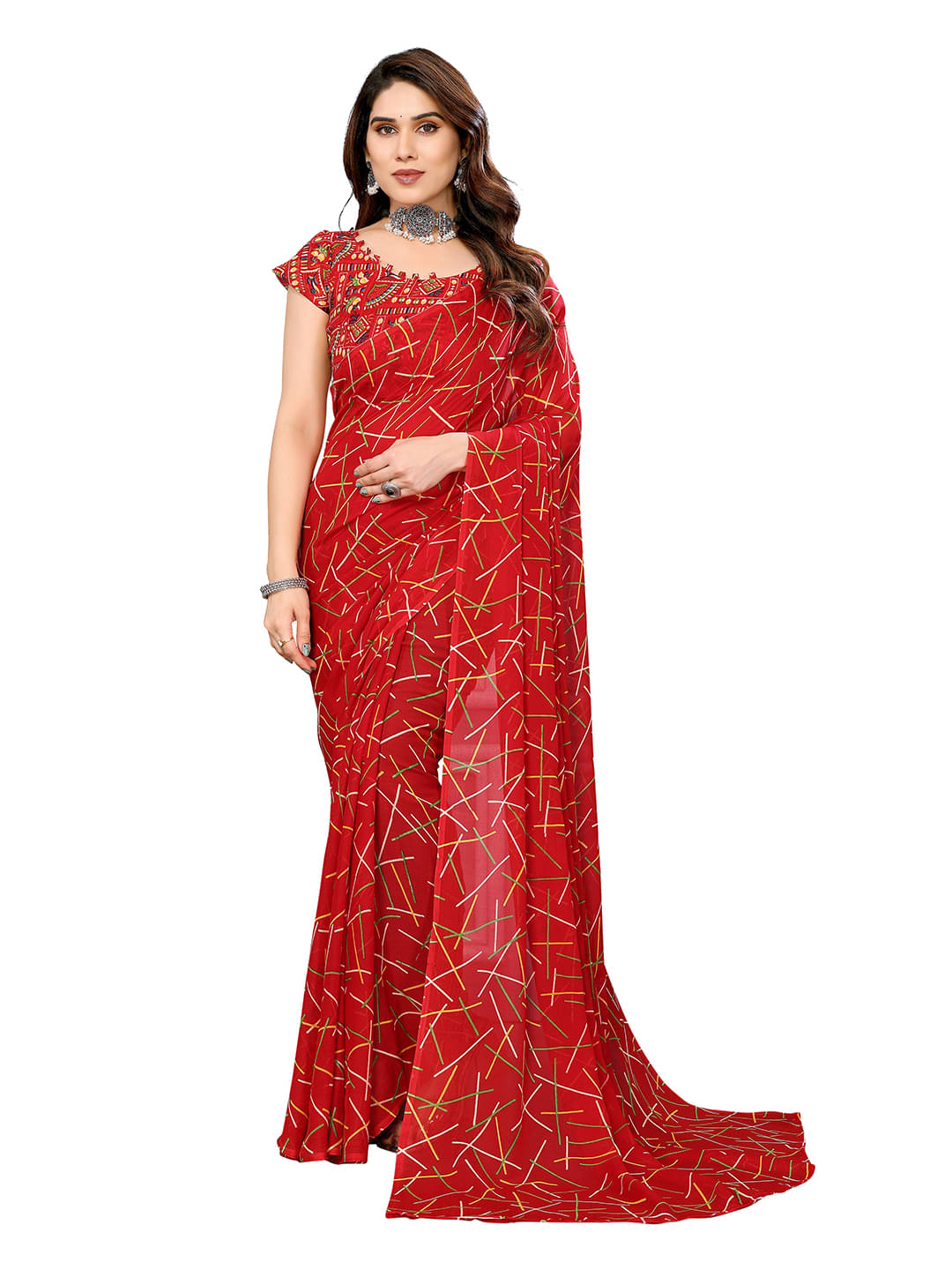 ANAND SAREES Georgette Printed Chanderi saree With Unstitched Blouse Piece ( Red ) ANAND SAREES Georgette Printed Chanderi saree With Unstitched Blouse Piece ( Red )