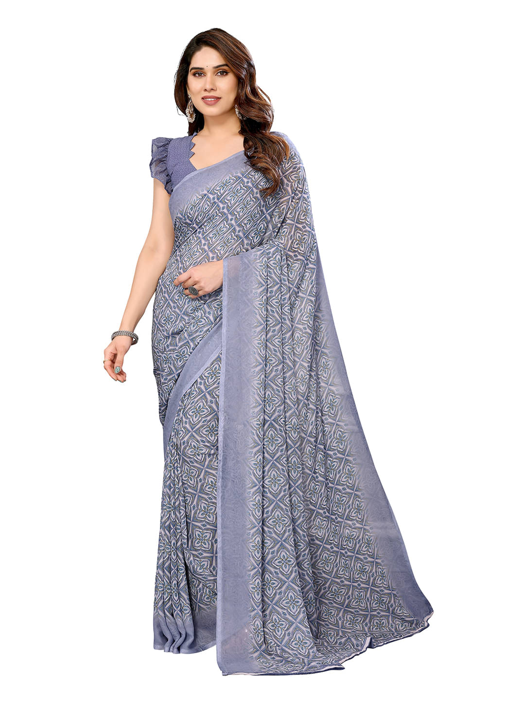 ANAND SAREES Georgette Printed Chanderi saree With Unstitched Blouse Piece ( Grey ) ANAND SAREES Georgette Printed Chanderi saree With Unstitched Blouse Piece ( Grey )