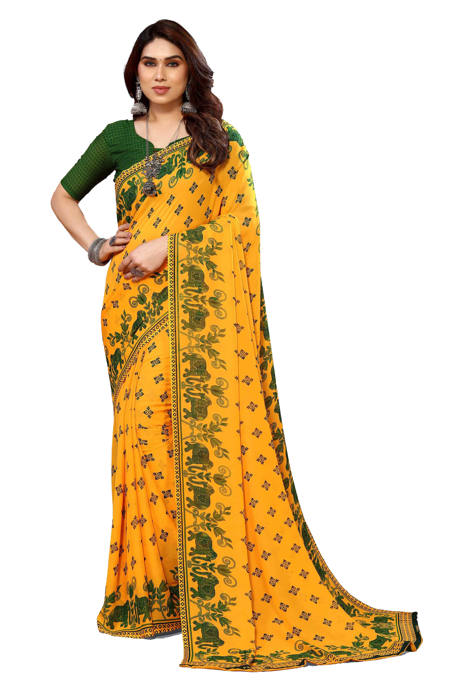     			ANAND SAREES Georgette Printed Chanderi saree With Unstitched Blouse Piece ( Green )