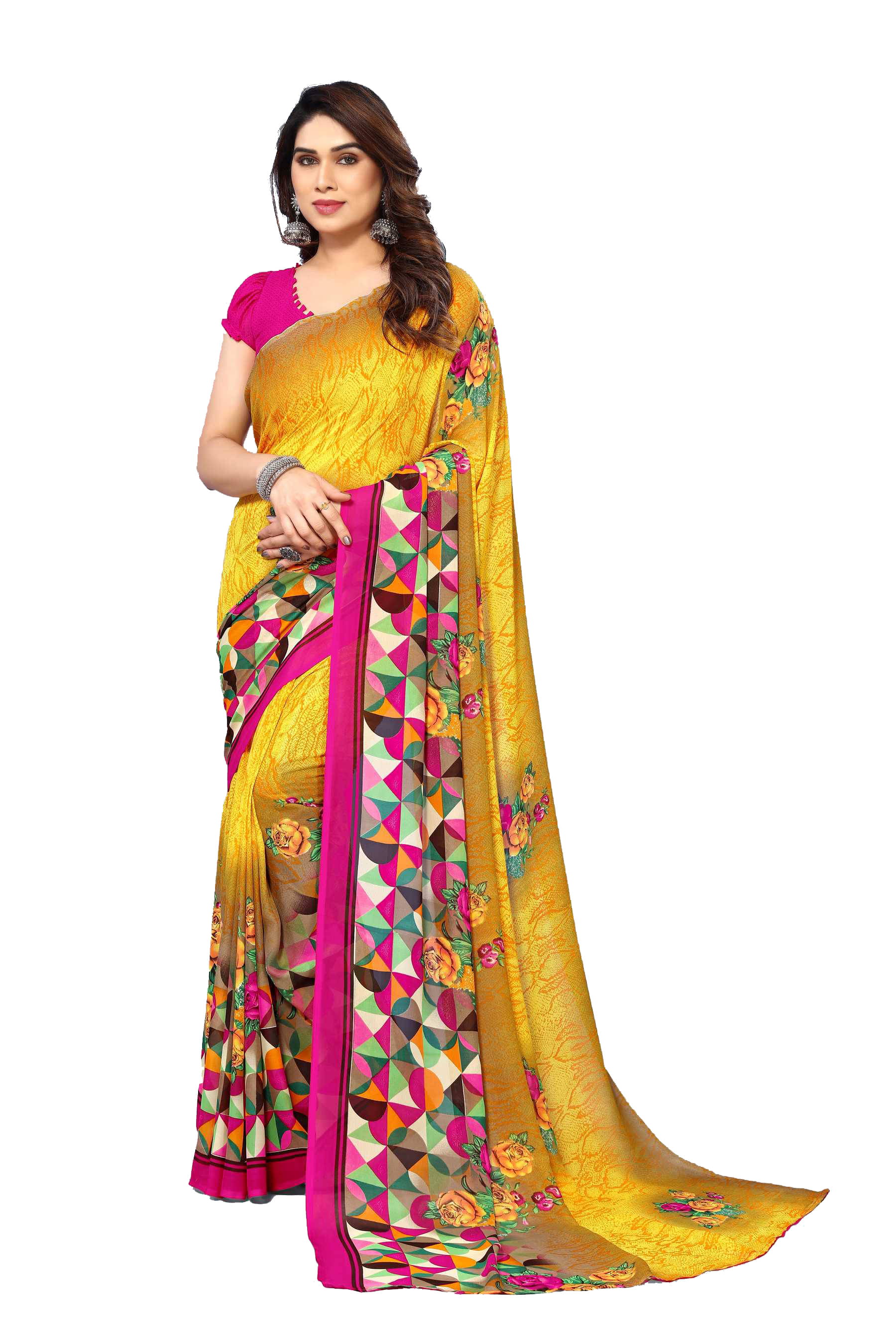 ANAND SAREES Georgette Printed Chanderi saree With Unstitched Blouse Piece ( Yellow ) ANAND SAREES Georgette Printed Chanderi saree With Unstitched Blouse Piece ( Yellow )