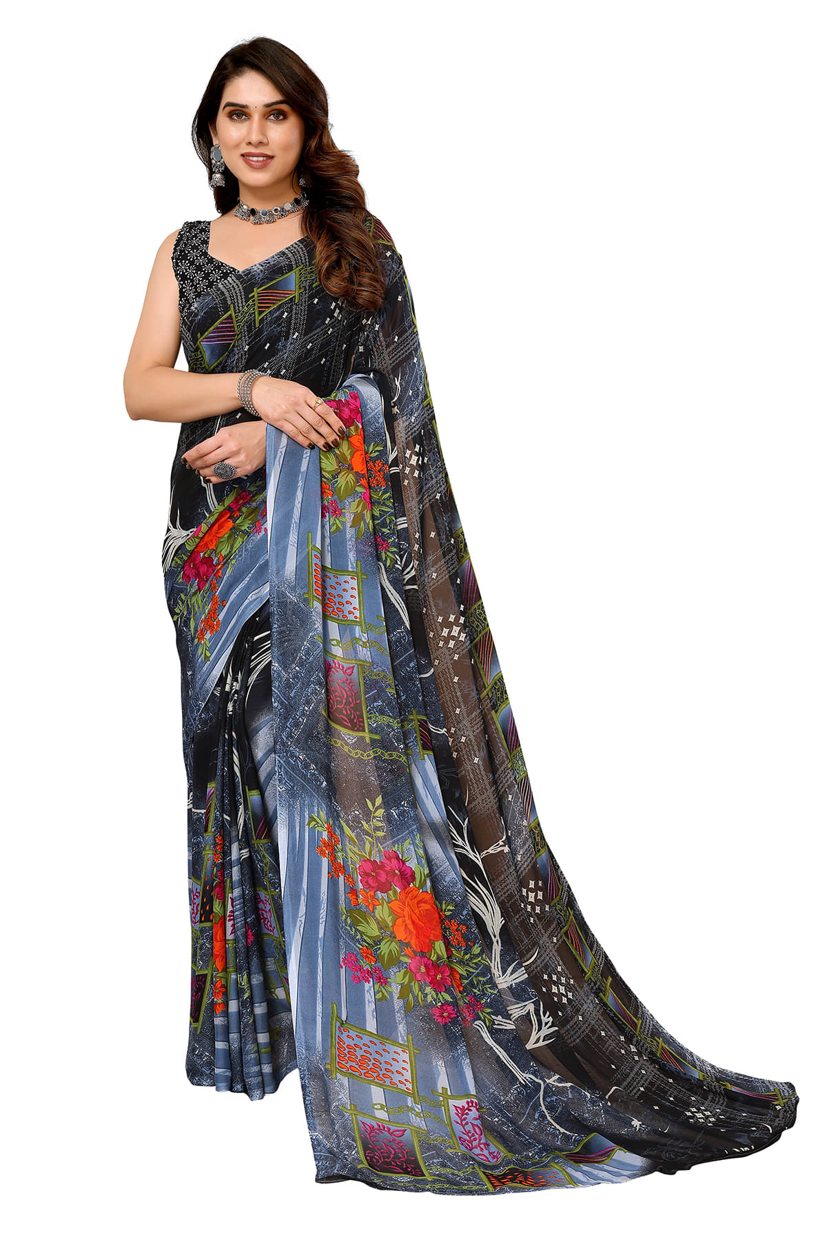 ANAND SAREES Georgette Printed Chanderi saree With Unstitched Blouse Piece ( Grey ) ANAND SAREES Georgette Printed Chanderi saree With Unstitched Blouse Piece ( Grey )
