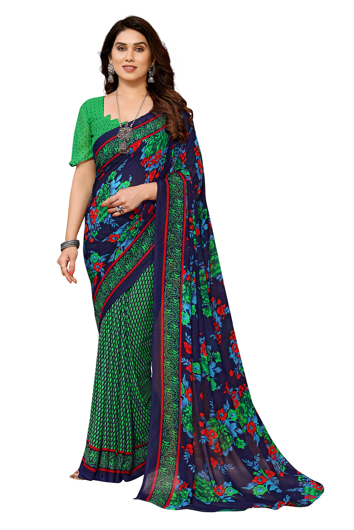 ANAND SAREES Georgette Printed Chanderi saree With Unstitched Blouse Piece ( Green ) ANAND SAREES Georgette Printed Chanderi saree With Unstitched Blouse Piece ( Green )