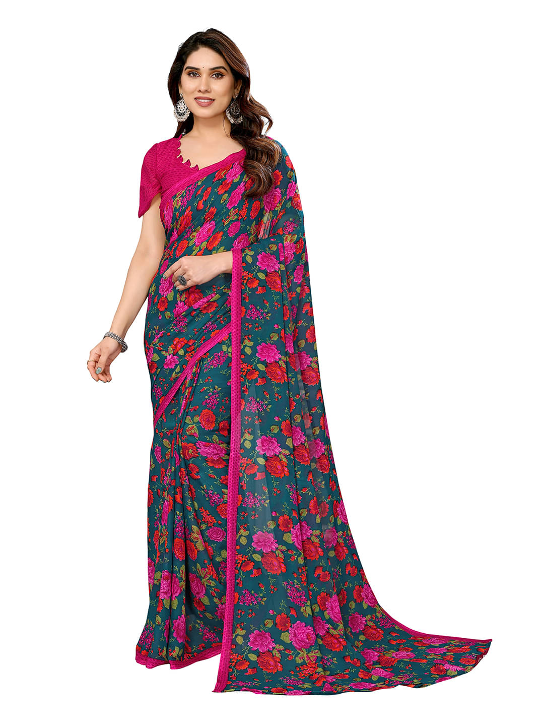 ANAND SAREES Georgette Printed Chanderi saree With Unstitched Blouse Piece ( Rama ) ANAND SAREES Georgette Printed Chanderi saree With Unstitched Blouse Piece ( Rama )