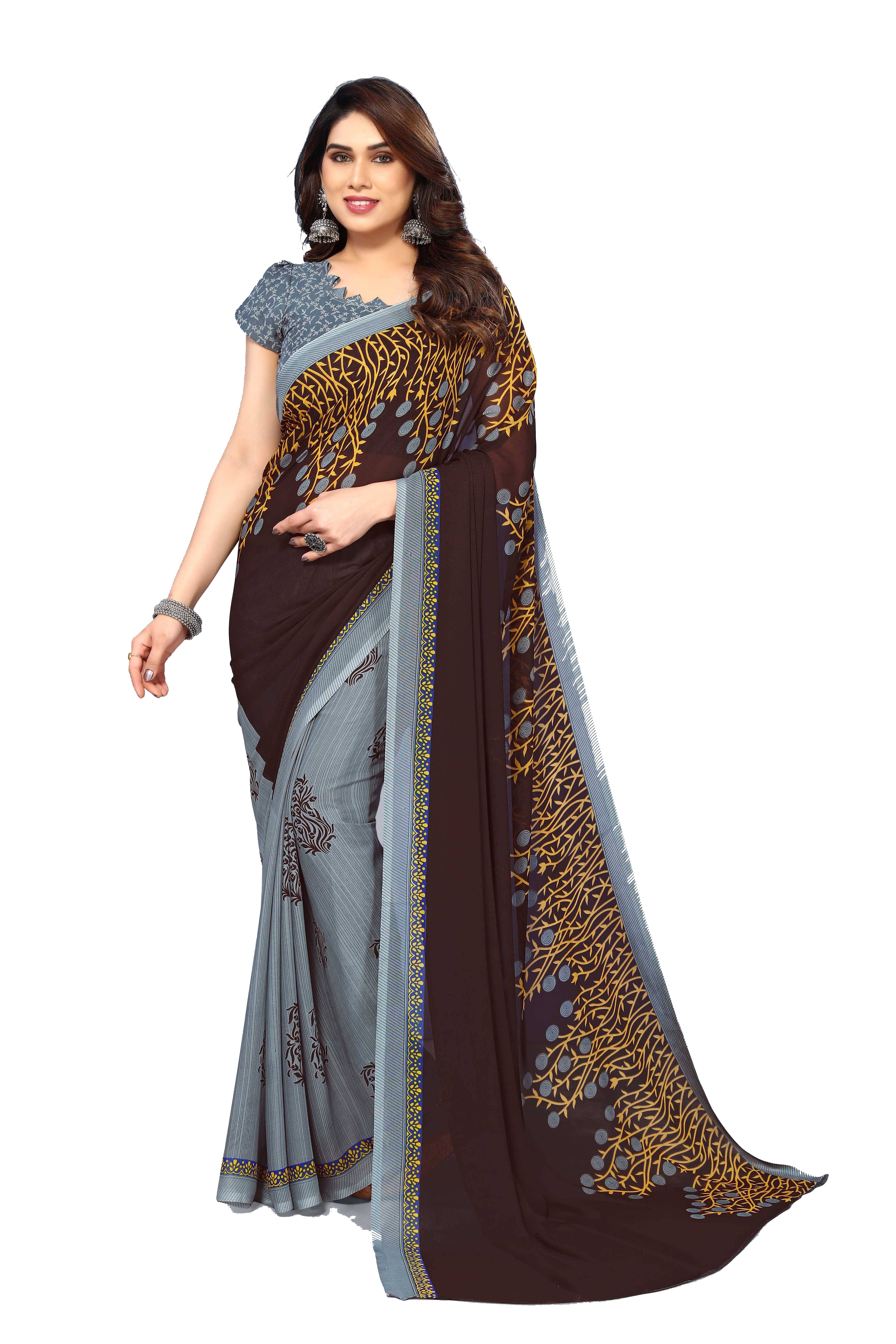 ANAND SAREES Georgette Printed Chanderi saree With Unstitched Blouse Piece ( Brown ) ANAND SAREES Georgette Printed Chanderi saree With Unstitched Blouse Piece ( Brown )