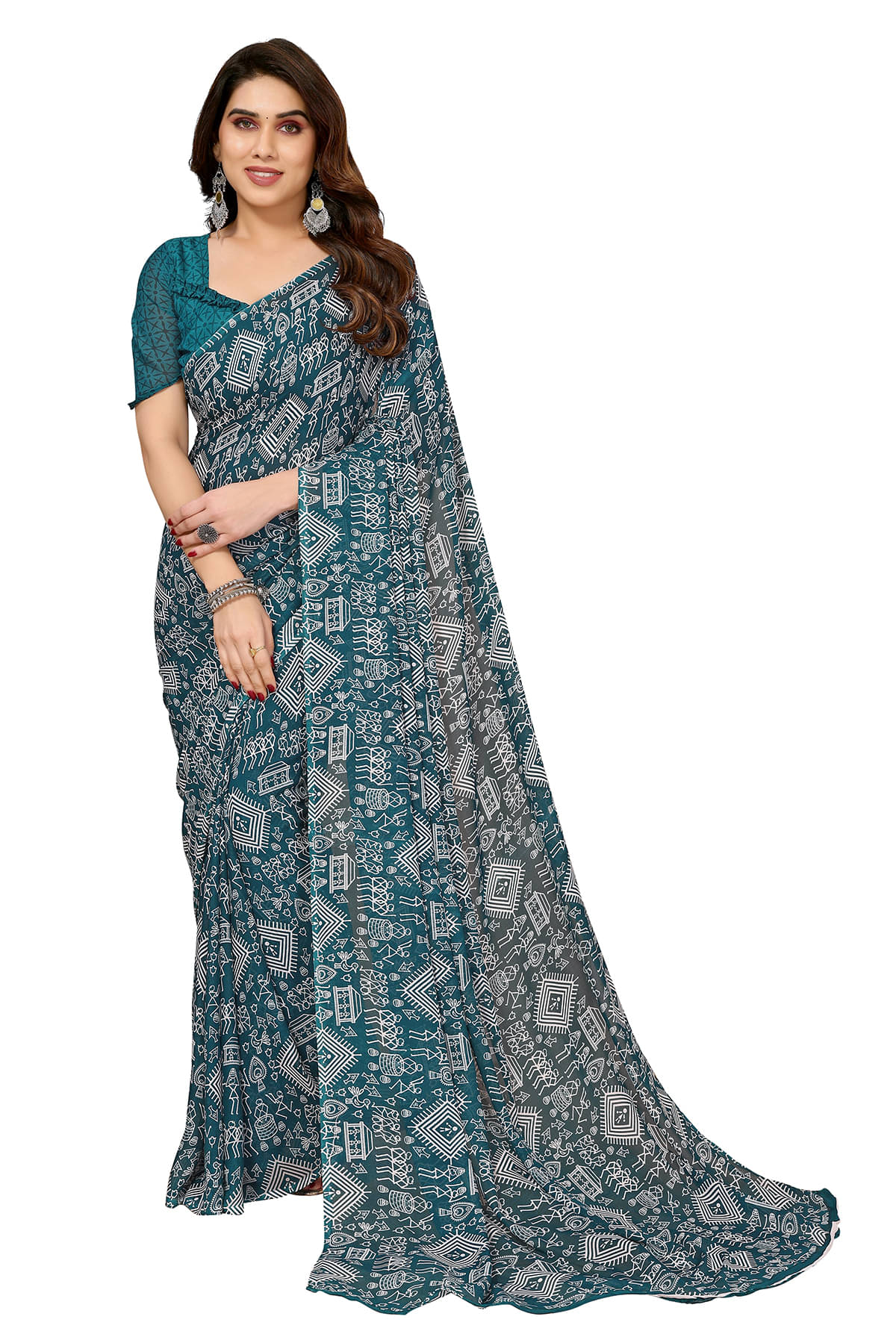     			ANAND SAREES Georgette Printed Chanderi saree With Unstitched Blouse Piece ( Rama )