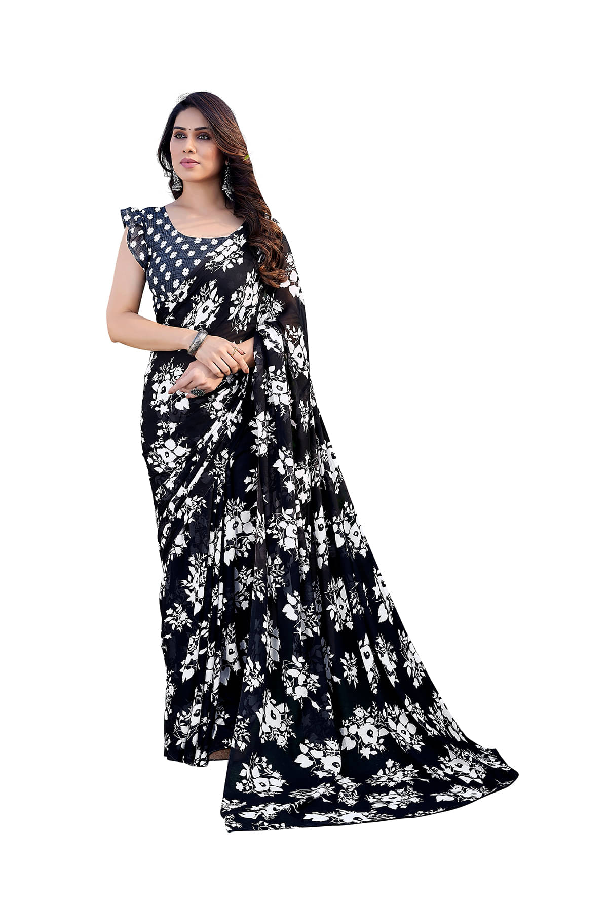 ANAND SAREES Georgette Printed Chanderi saree With Unstitched Blouse Piece ( Black ) ANAND SAREES Georgette Printed Chanderi saree With Unstitched Blouse Piece ( Black )