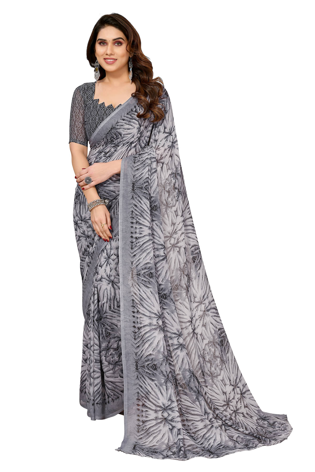 ANAND SAREES Georgette Printed Chanderi saree With Unstitched Blouse Piece ( Grey ) ANAND SAREES Georgette Printed Chanderi saree With Unstitched Blouse Piece ( Grey )