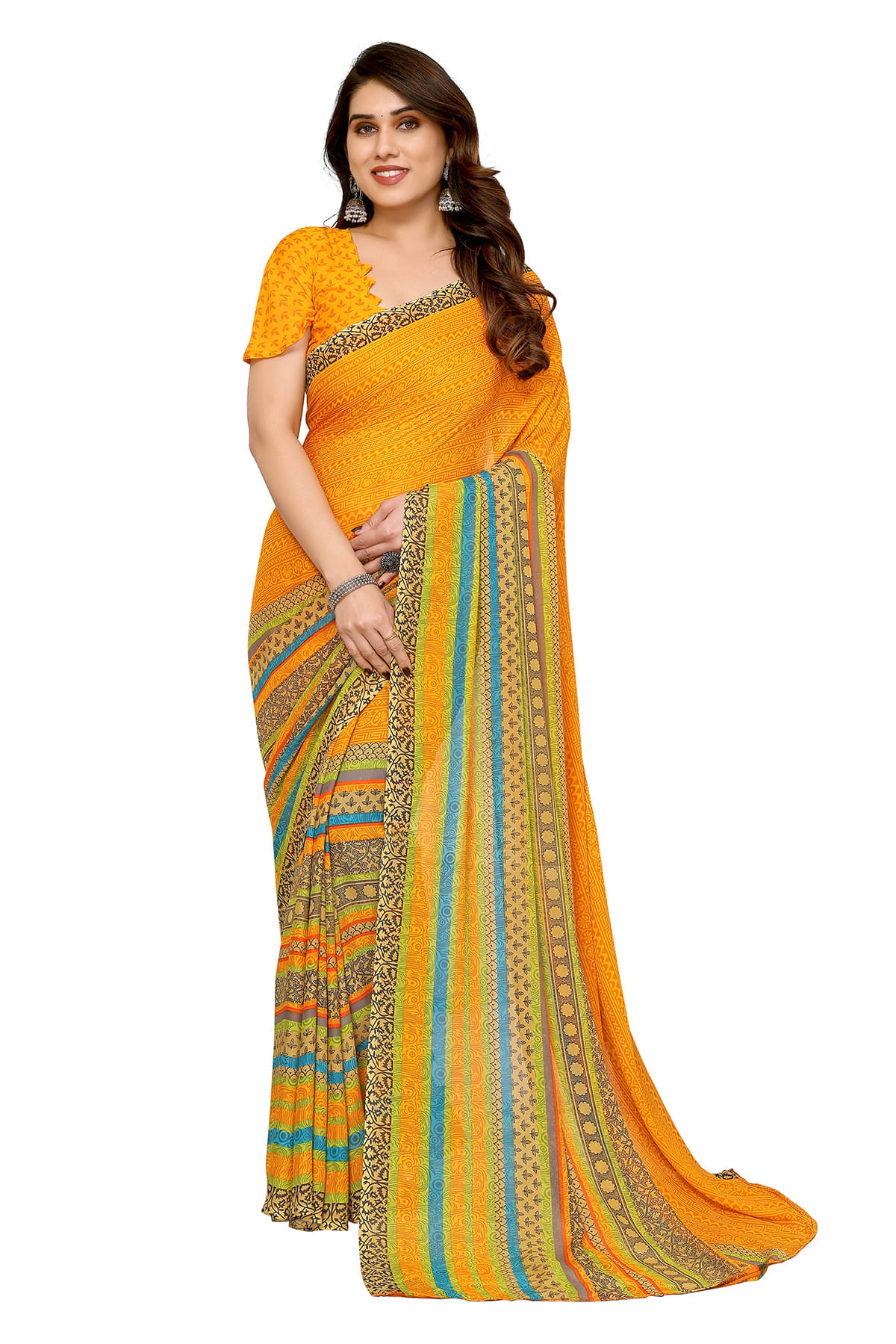 ANAND SAREES Georgette Printed Chanderi saree With Unstitched Blouse Piece ( Yellow ) ANAND SAREES Georgette Printed Chanderi saree With Unstitched Blouse Piece ( Yellow )
