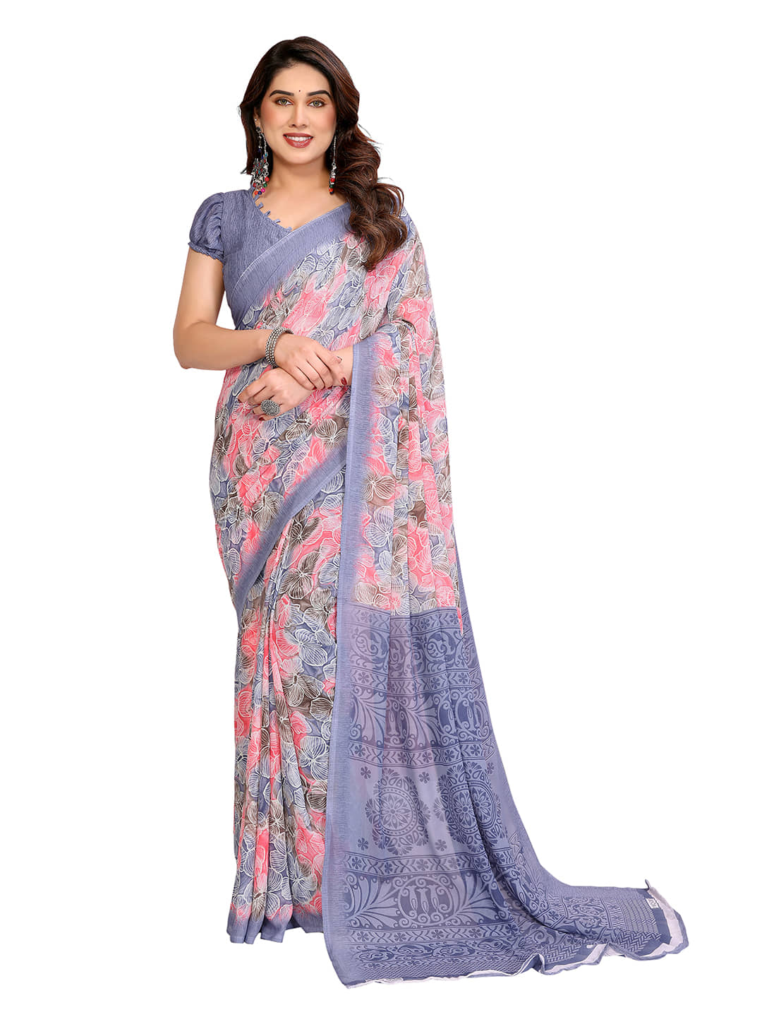 ANAND SAREES Georgette Printed Chanderi saree With Unstitched Blouse Piece ( Grey ) - Sarees | Buy online on ZillyBuy