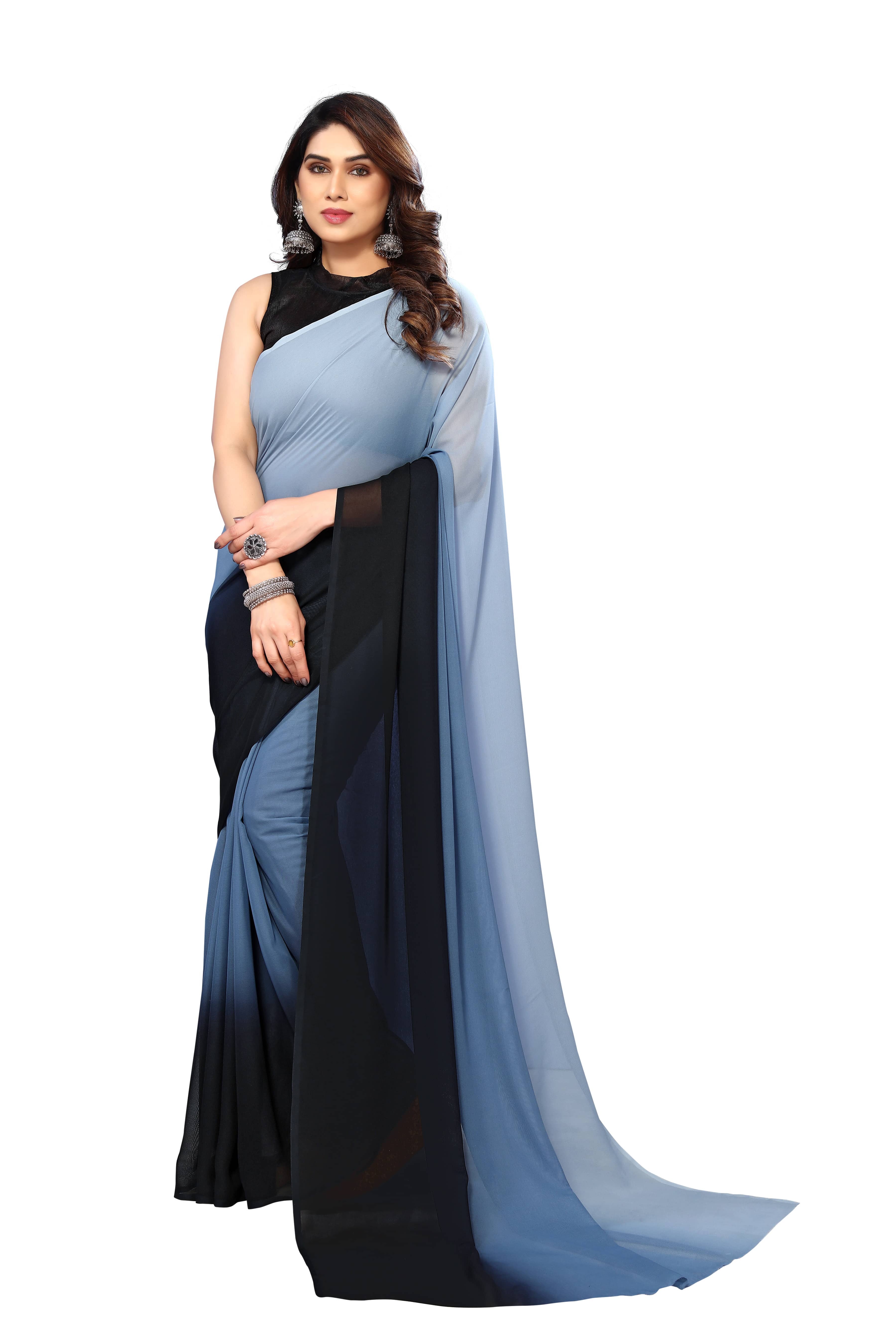 ANAND SAREES Georgette Solid Kasavu Saree With Unstitched Blouse Piece ( Grey ) - Sarees | Buy online on ZillyBuy