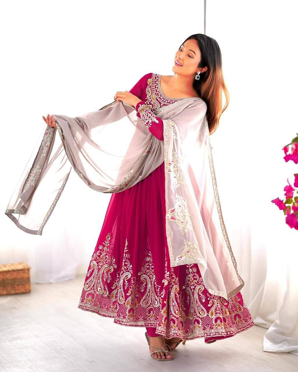 Brulry Women Georgette Embroidered Anarkali Kurti With Pants ( Pink ) Brulry Women Georgette Embroidered Anarkali Kurti With Pants ( Pink )