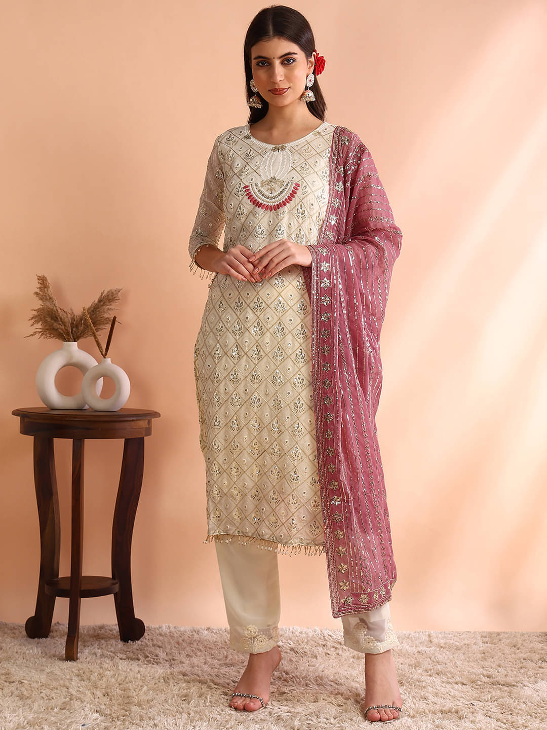     			Brulry Women Georgette Embroidered Straight Kurti With Pants ( Cream )