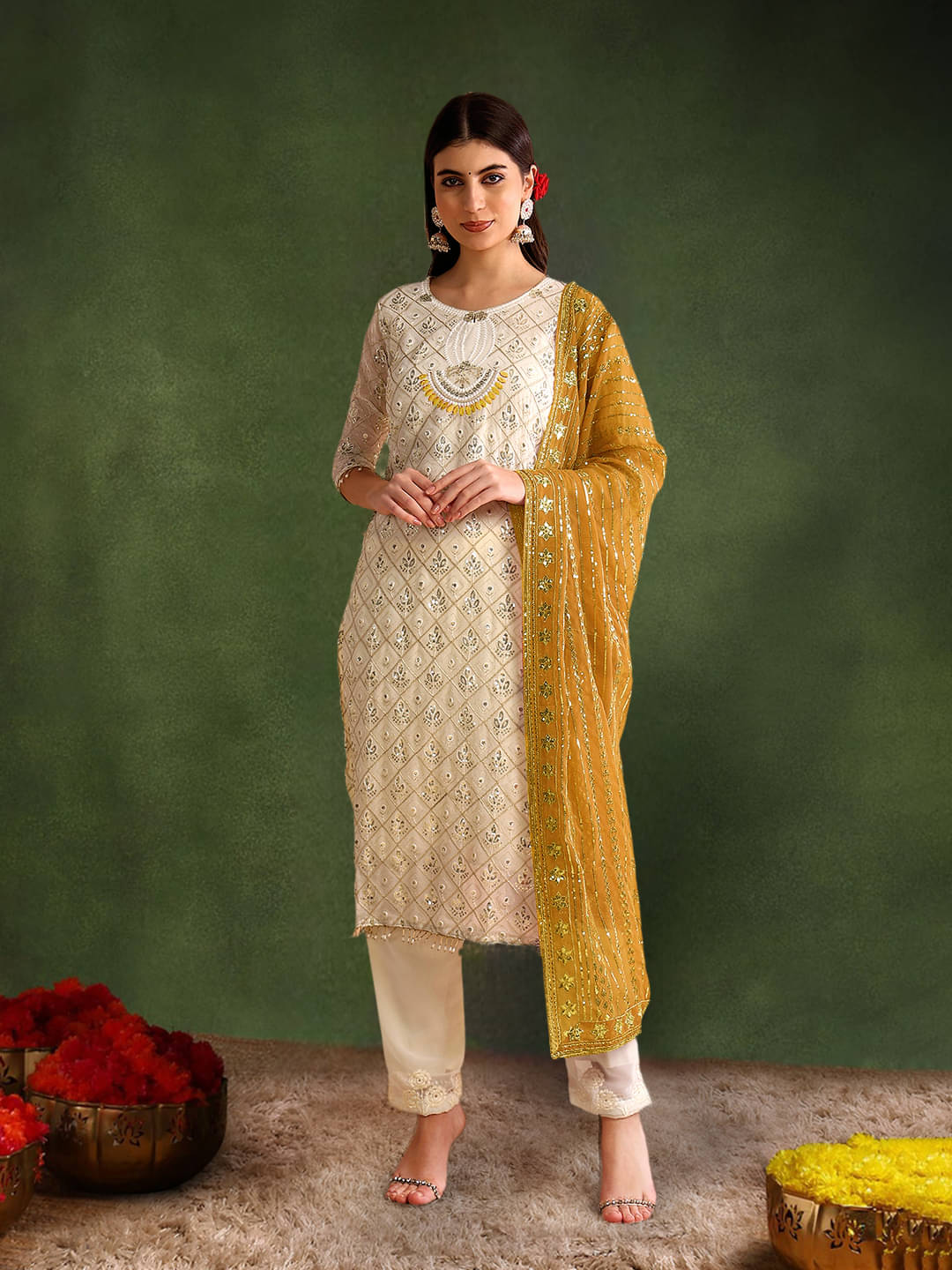 Brulry Women Georgette Embroidered Straight Kurti With Pants ( Cream ) Brulry Women Georgette Embroidered Straight Kurti With Pants ( Cream )