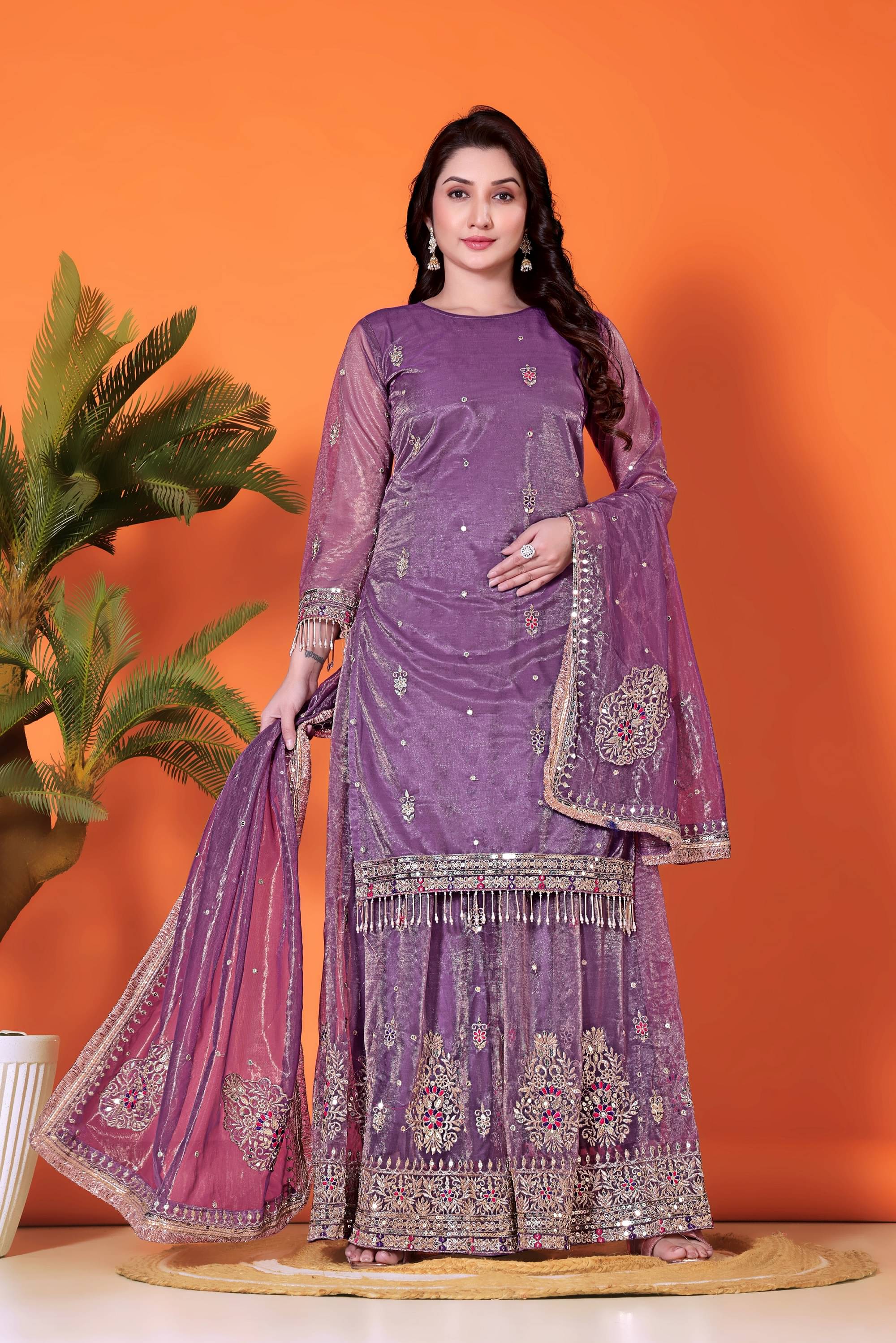 Brulry Women Net Embroidered Straight Kurti With Sharara And Gharara ( Lavender )     			Brulry Women Net Embroidered Straight Kurti With Sharara And Gharara ( Lavender )