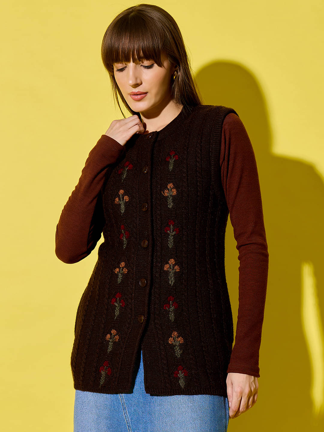     			Clapton Woollen Round Neck Women's Knotted Cardigan - Brown ( )