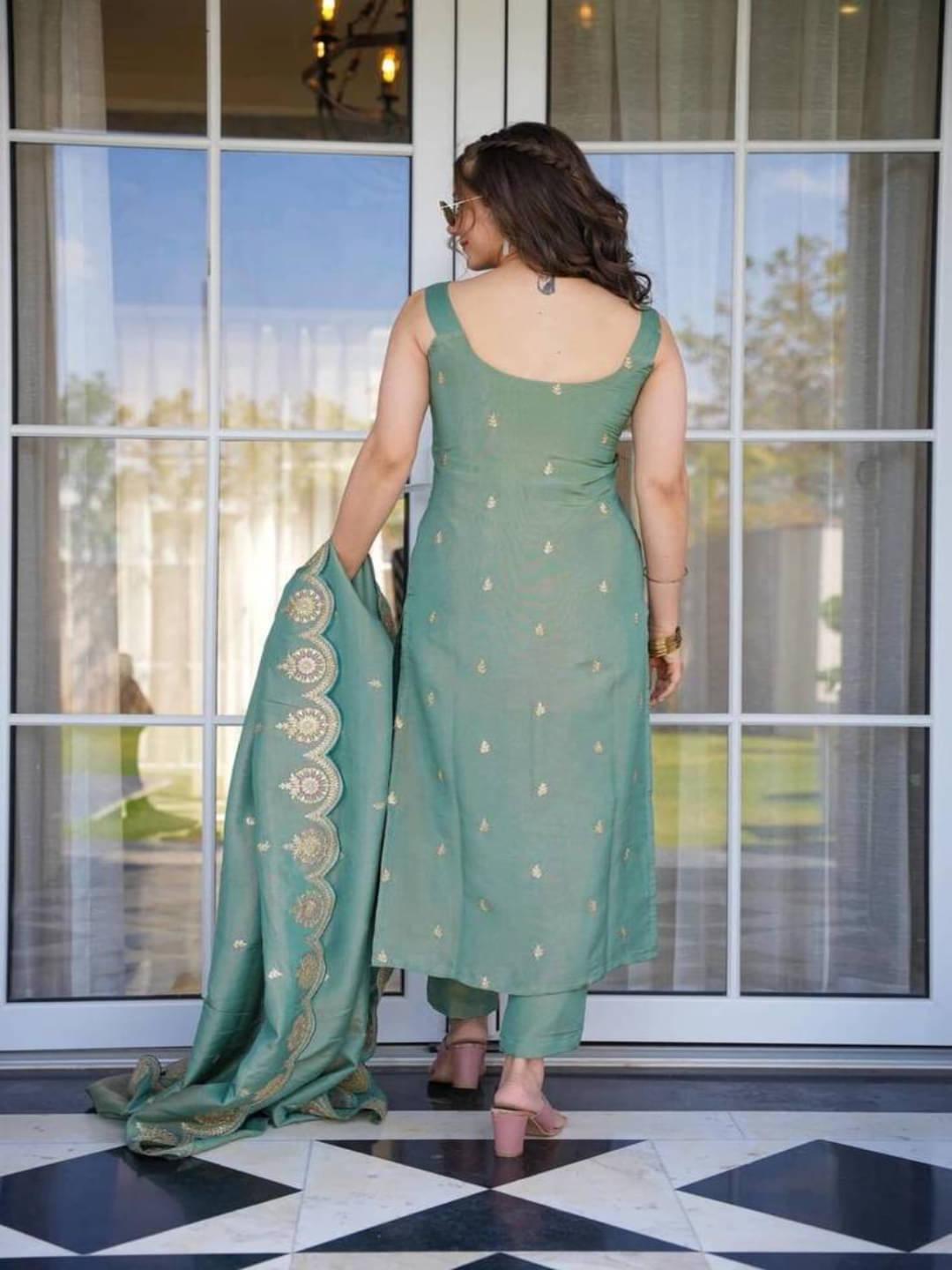     			Japnaam Women Chanderi Silk Embroidered Straight Kurti With Pants ( Blue )