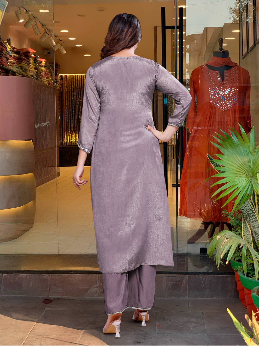 Japnaam Women Rayon Embroidered Anarkali Kurti With Palazzo ( Grey ) Japnaam Women Rayon Embroidered Anarkali Kurti With Palazzo ( Grey )