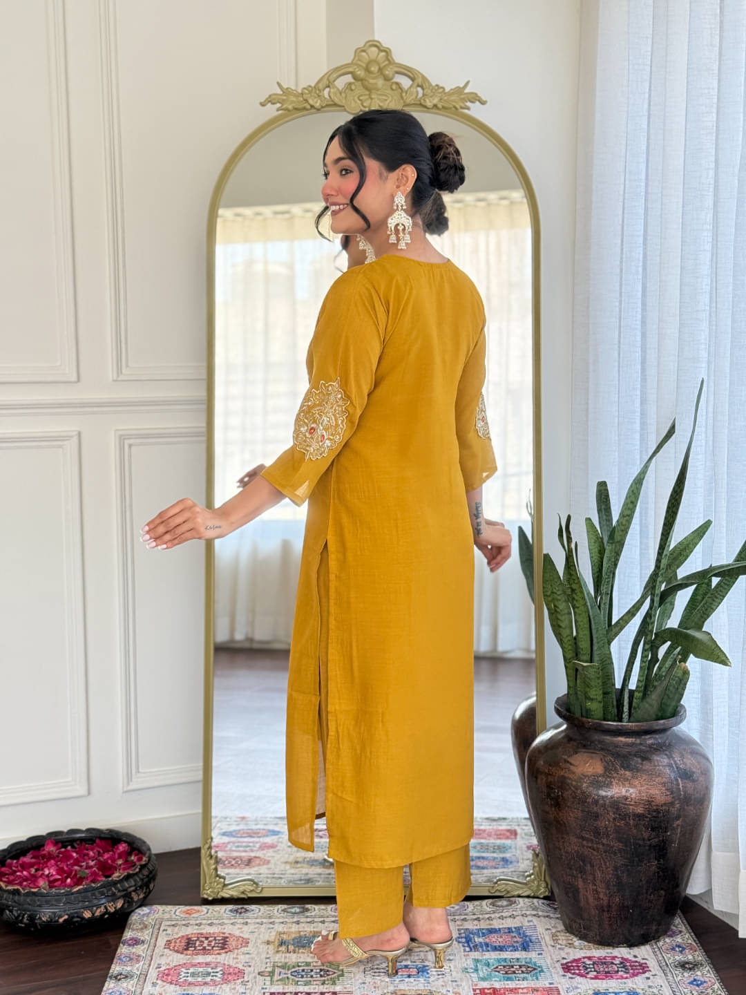 Japnaam Women Silk Embroidered Straight Kurti With Pants ( Mustard ) Japnaam Women Silk Embroidered Straight Kurti With Pants ( Mustard )