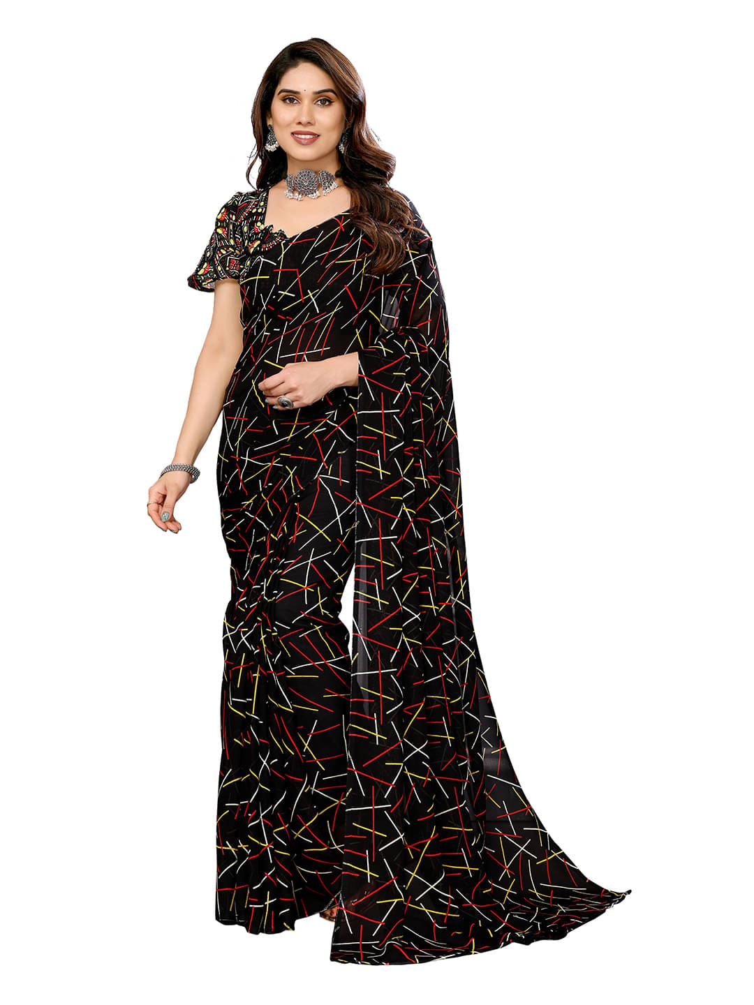 Kashvi Sarees Georgette Printed Chanderi saree With Unstitched Blouse Piece ( Black )     			Kashvi Sarees Georgette Printed Chanderi saree With Unstitched Blouse Piece ( Black )