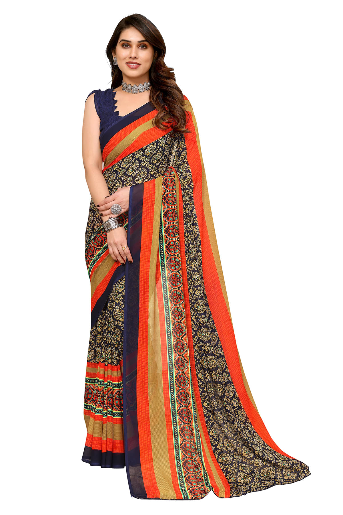 Kashvi Sarees Georgette Printed Chanderi saree With Unstitched Blouse Piece ( Blue )     			Kashvi Sarees Georgette Printed Chanderi saree With Unstitched Blouse Piece ( Blue )