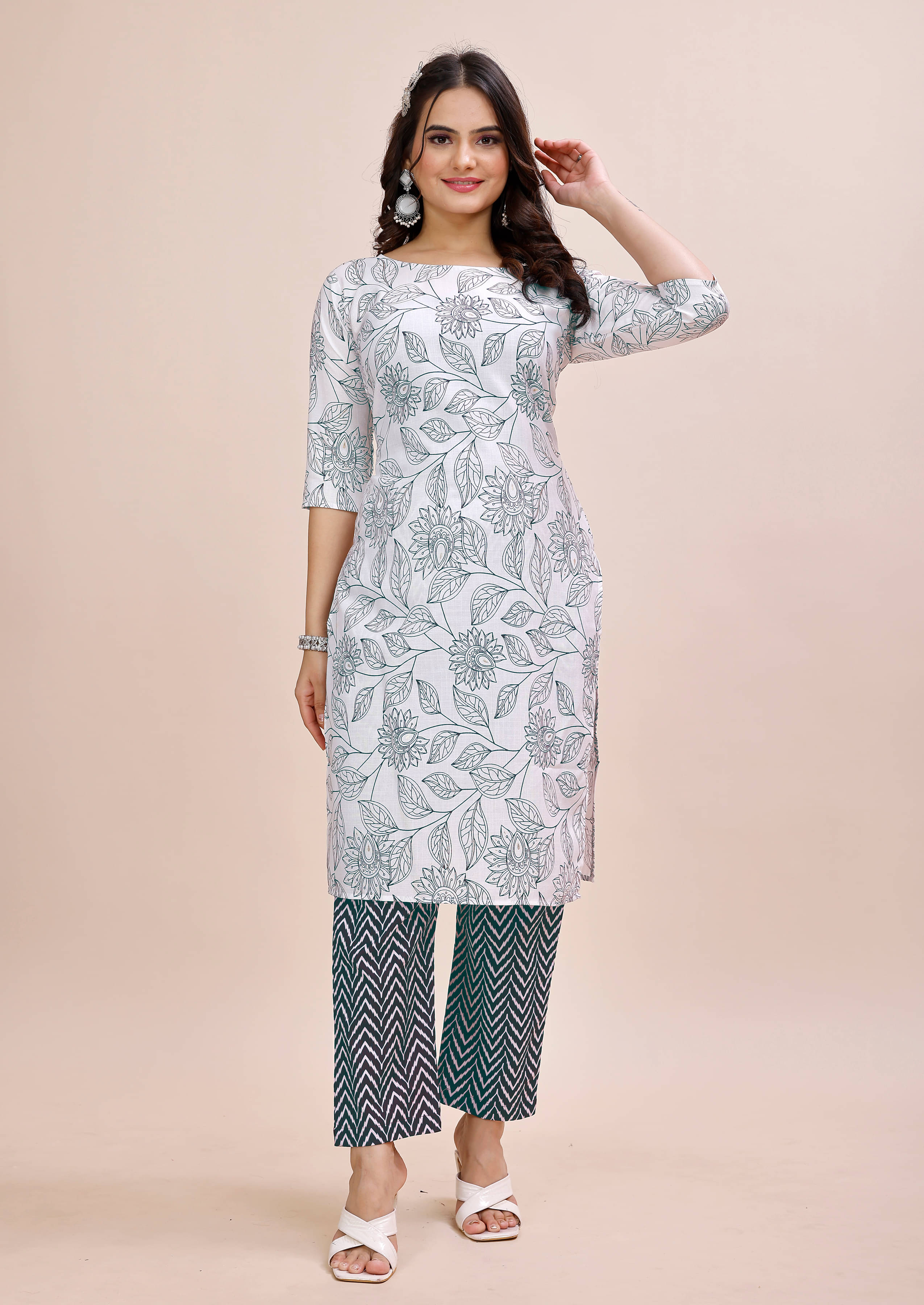 ONECLICK Women Cotton Printed Straight Kurti With Pants ( Green ) ONECLICK Women Cotton Printed Straight Kurti With Pants ( Green )