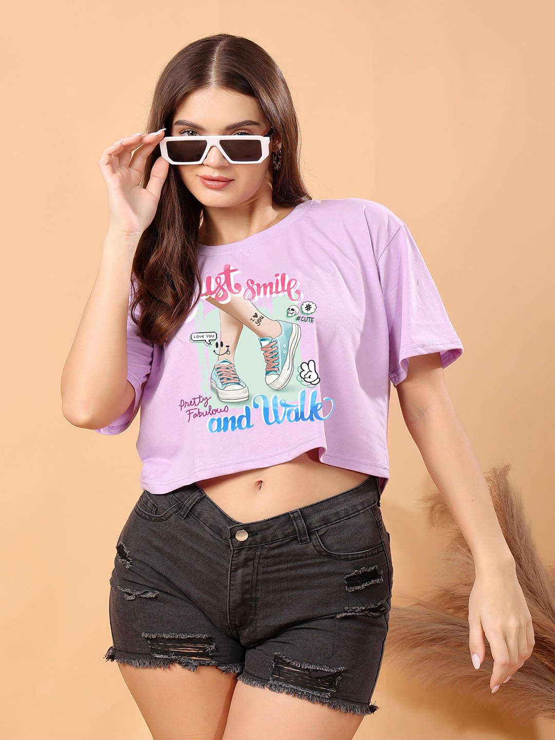     			SWIFTLY Women Cotton Printed Oversized Fit Round Neck T-Shirt ( Lavender )