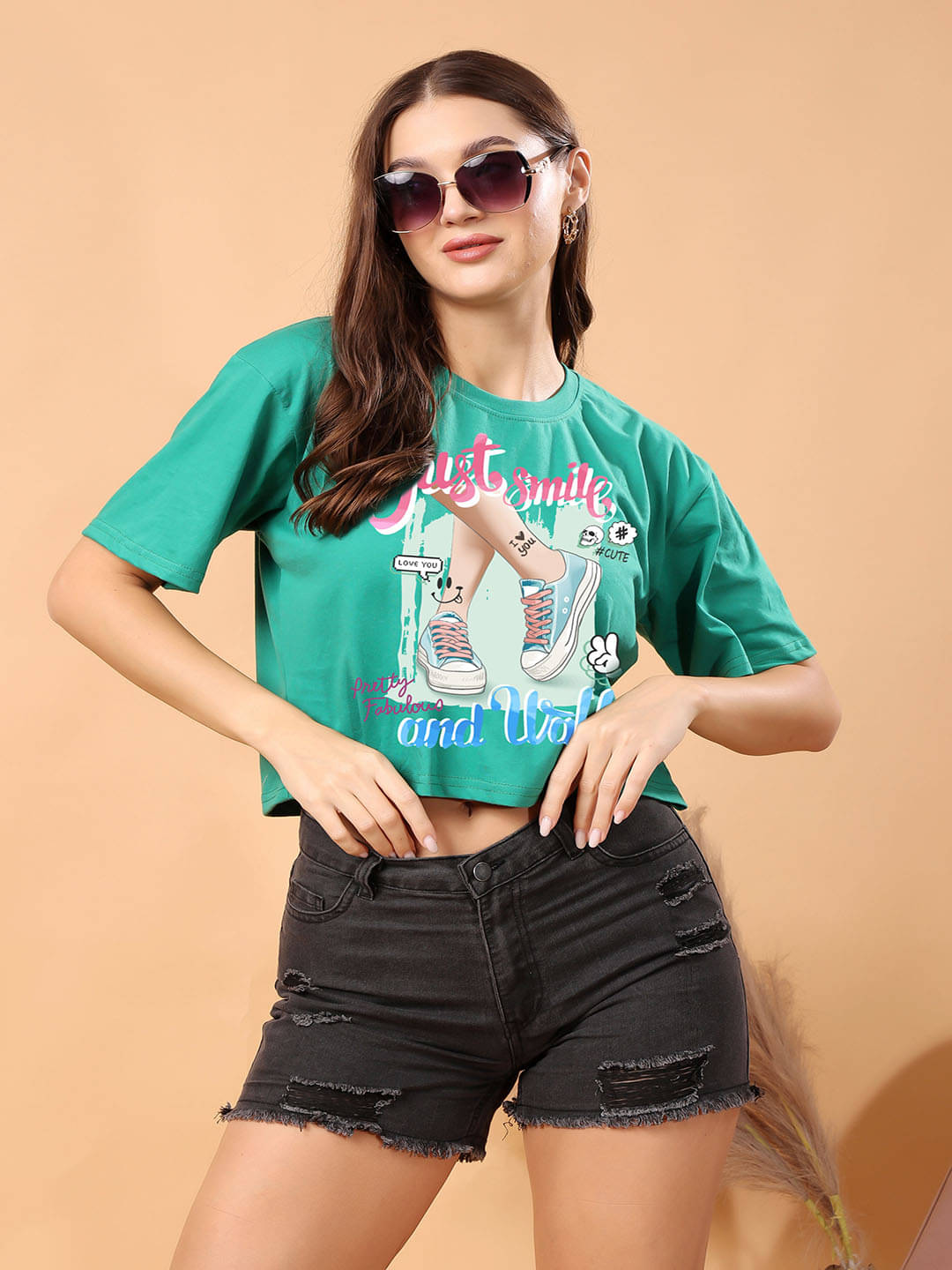 SWIFTLY Women Cotton Printed Oversized Fit Round Neck T-Shirt ( Teal ) SWIFTLY Women Cotton Printed Oversized Fit Round Neck T-Shirt ( Teal )