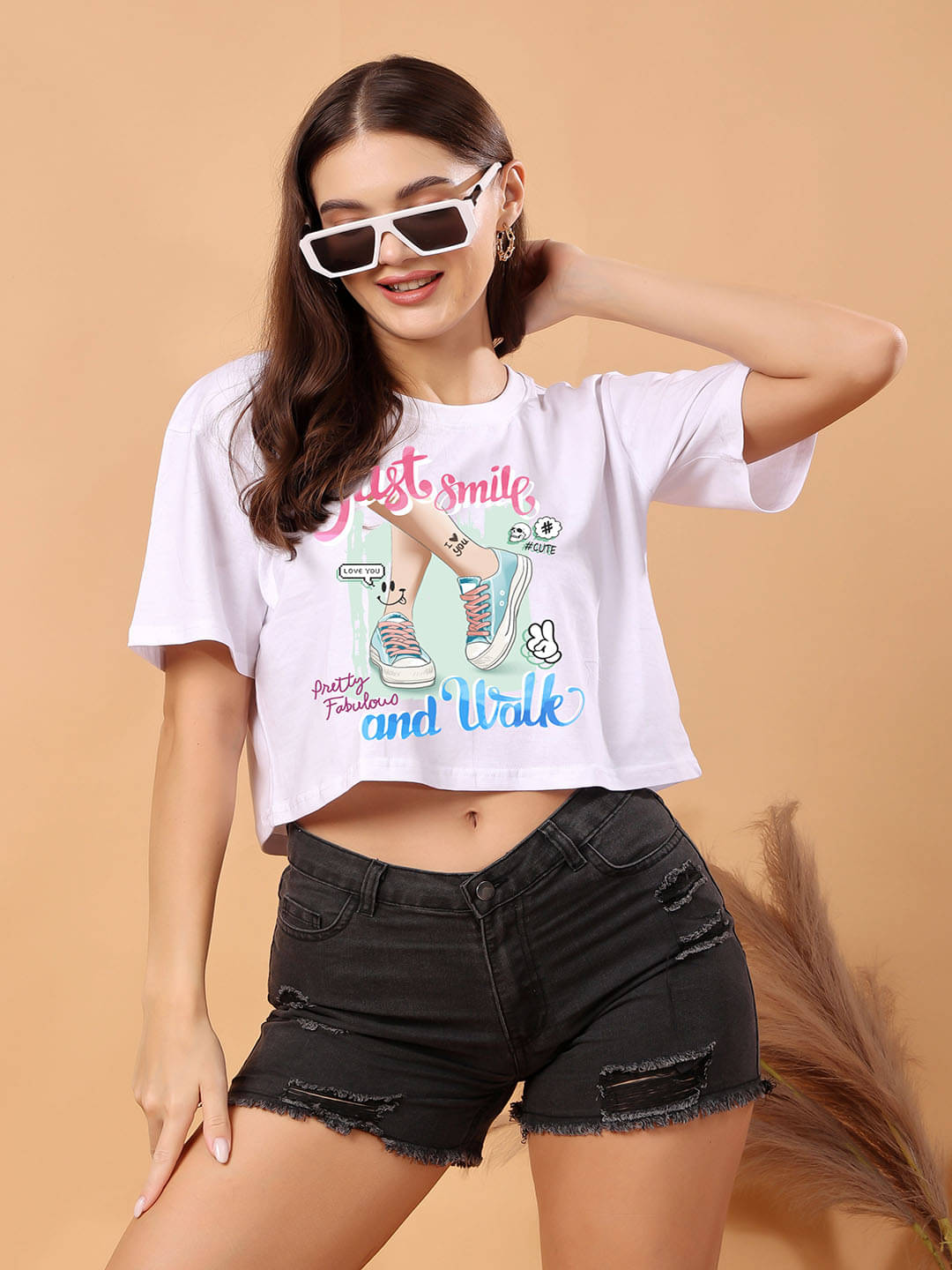     			SWIFTLY Women Cotton Printed Oversized Fit Round Neck T-Shirt ( White )