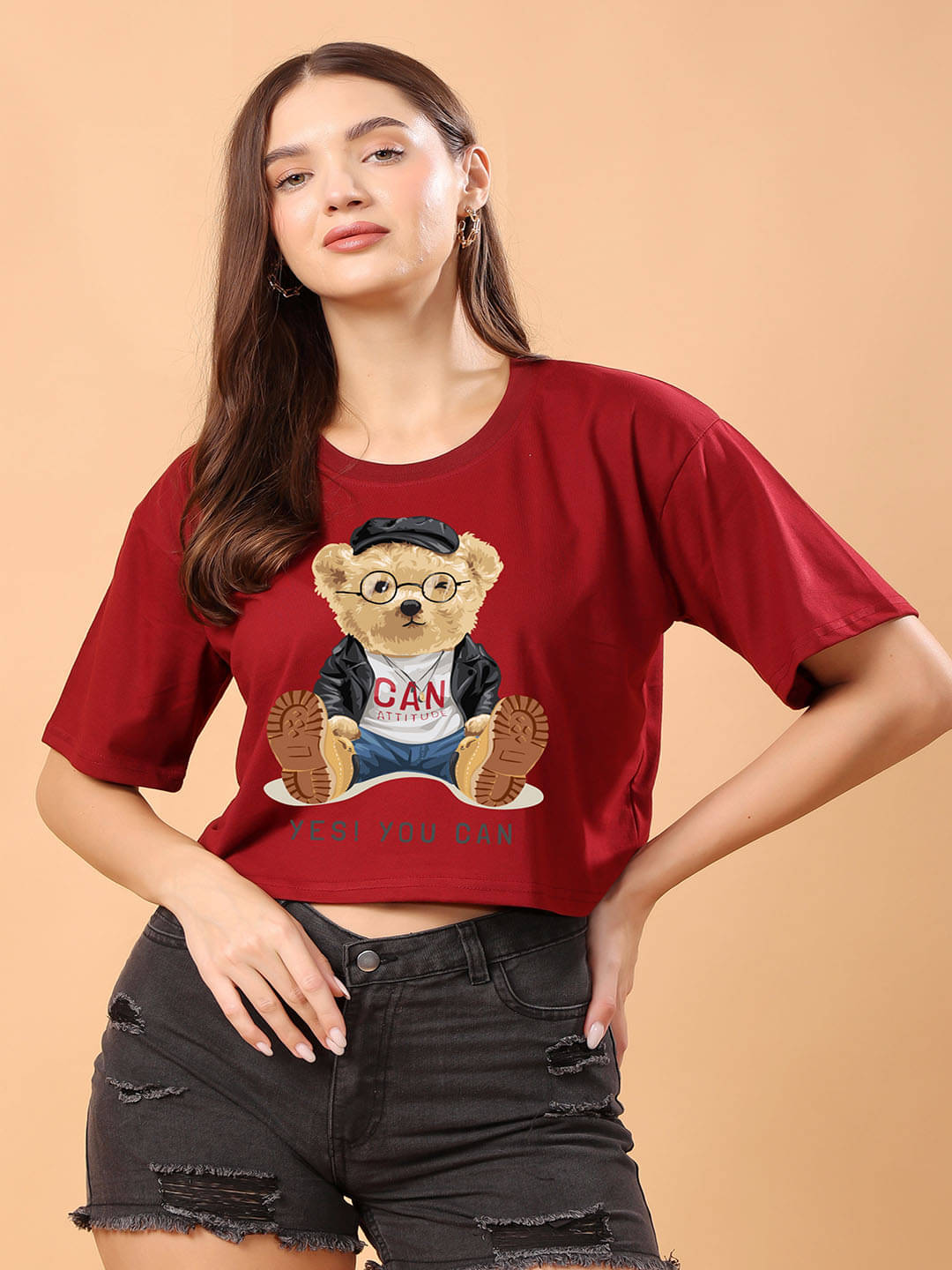 SWIFTLY Women Cotton Printed Oversized Fit Round Neck T-Shirt ( Maroon )     			SWIFTLY Women Cotton Printed Oversized Fit Round Neck T-Shirt ( Maroon )