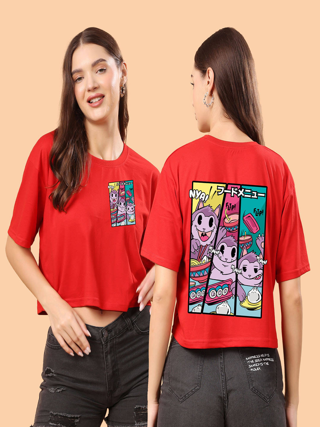     			SWIFTLY Women Cotton Printed Oversized Fit Round Neck T-Shirt ( Red )
