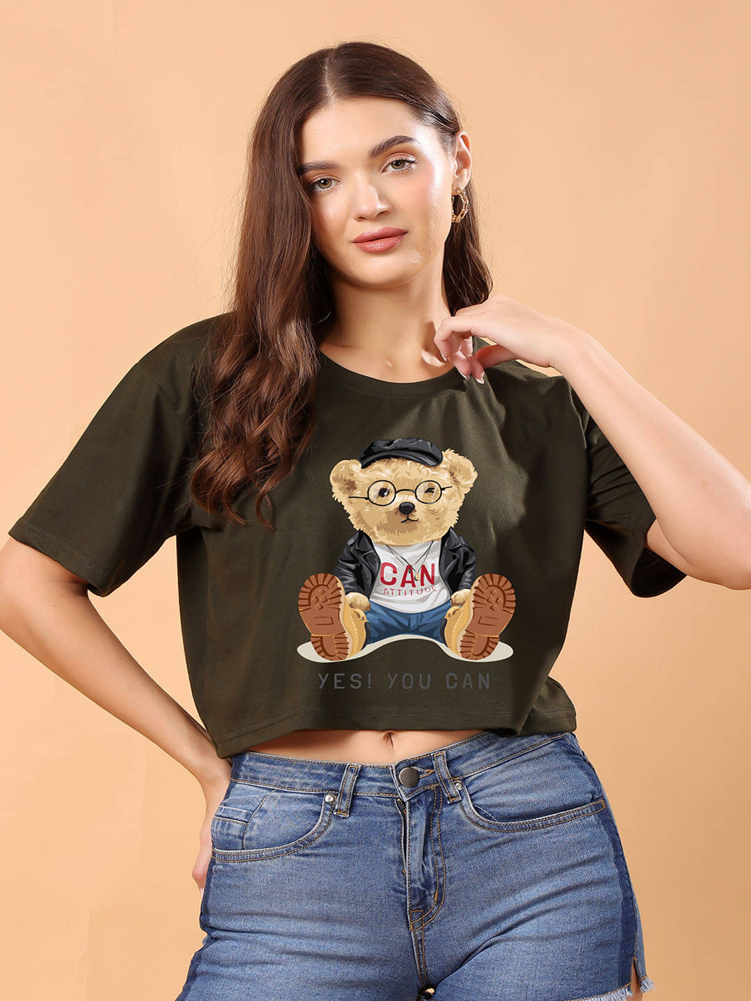 SWIFTLY Women Cotton Printed Oversized Fit Round Neck T-Shirt ( Olive ) SWIFTLY Women Cotton Printed Oversized Fit Round Neck T-Shirt ( Olive )