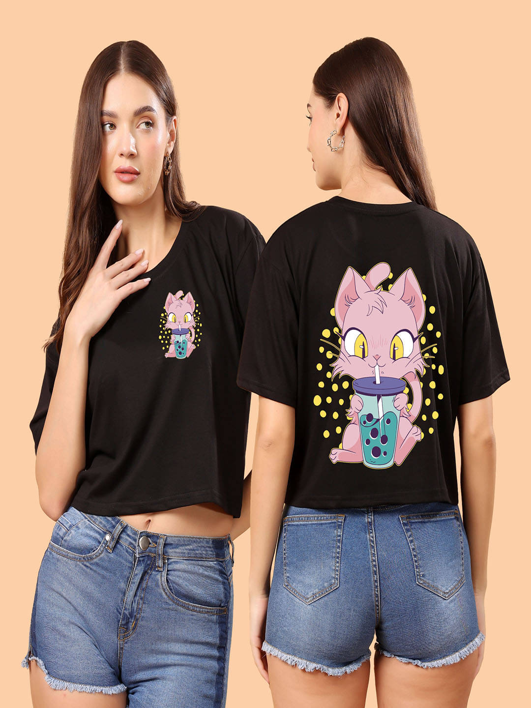     			SWIFTLY Women Cotton Printed Oversized Fit Round Neck T-Shirt ( Black )